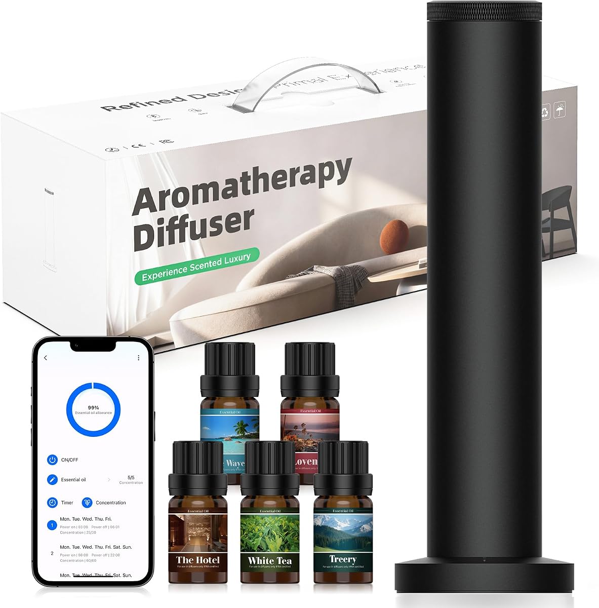 Wireless Hotel Scent Diffuser Starter Kit,Waterless Diffuser for 2000 Sq Ft | Cold Air Diffuser, Hotel Scents Collection, Rechargeable, Battery, App Control, 5 Fragrance Oils, Quiet, Home Office (Black)
