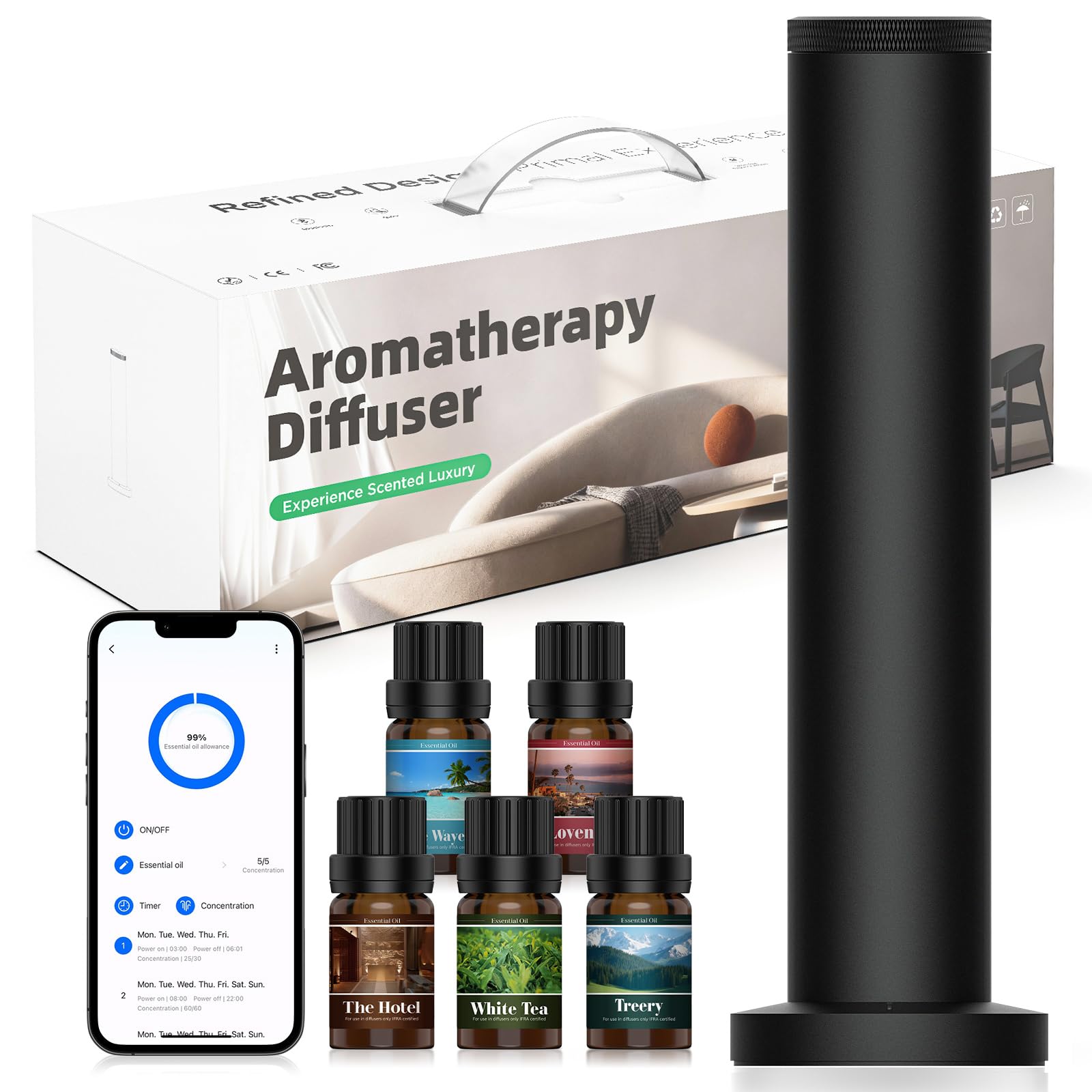Kit de iniciación de difusor inalámbrico de aroma de hotel, difusor recargable inalámbrico para toda la casa, colección de aromas de hotel, control de aplicación, difusor de aceite esencial sin agua
