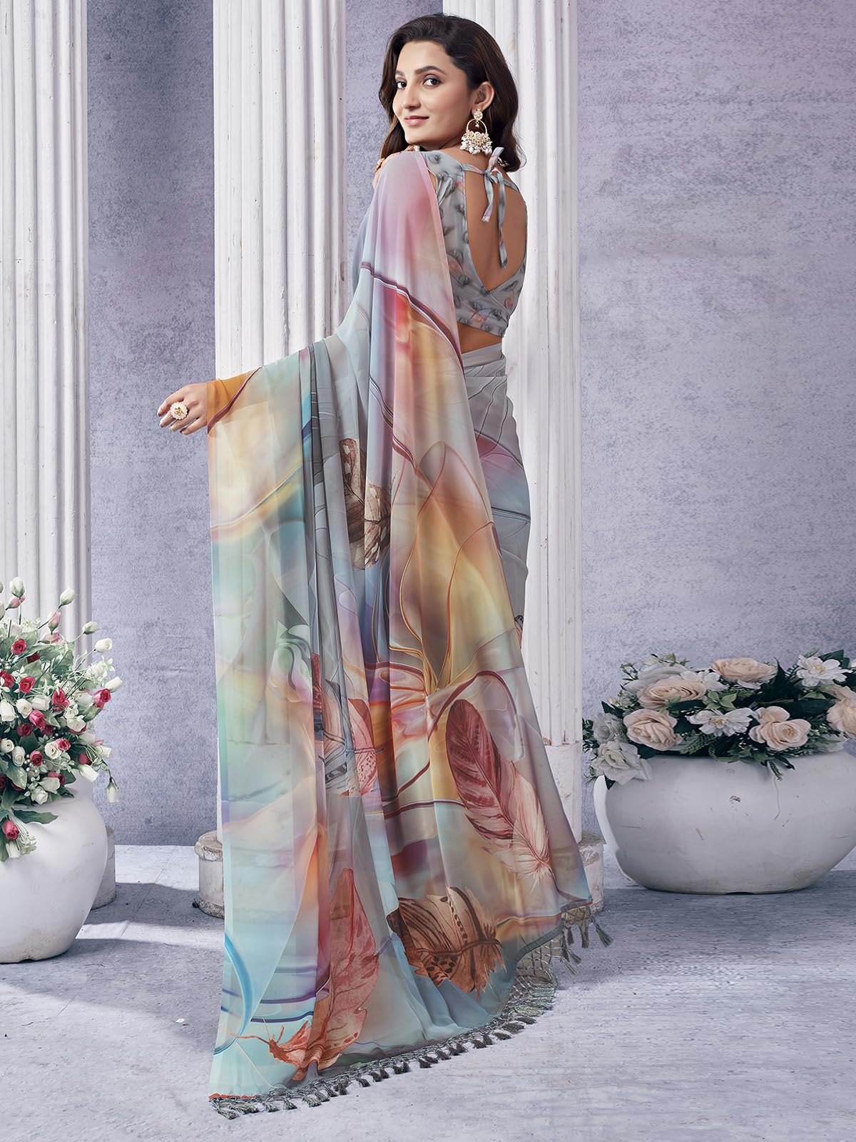 Satrani Women's Georgette Printed Saree With Unstitched Blouse Piece (3505S111N_Grey3)