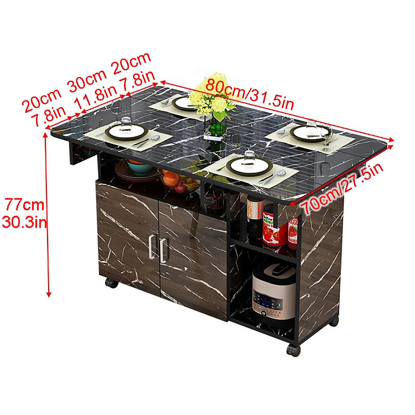 Tavolo da pranzo mobile pieghevole con armadietto e ripiano aperto, design salvaspazio su 6 ruote, per lavoro, studio e cenare, 80 cm, colore B