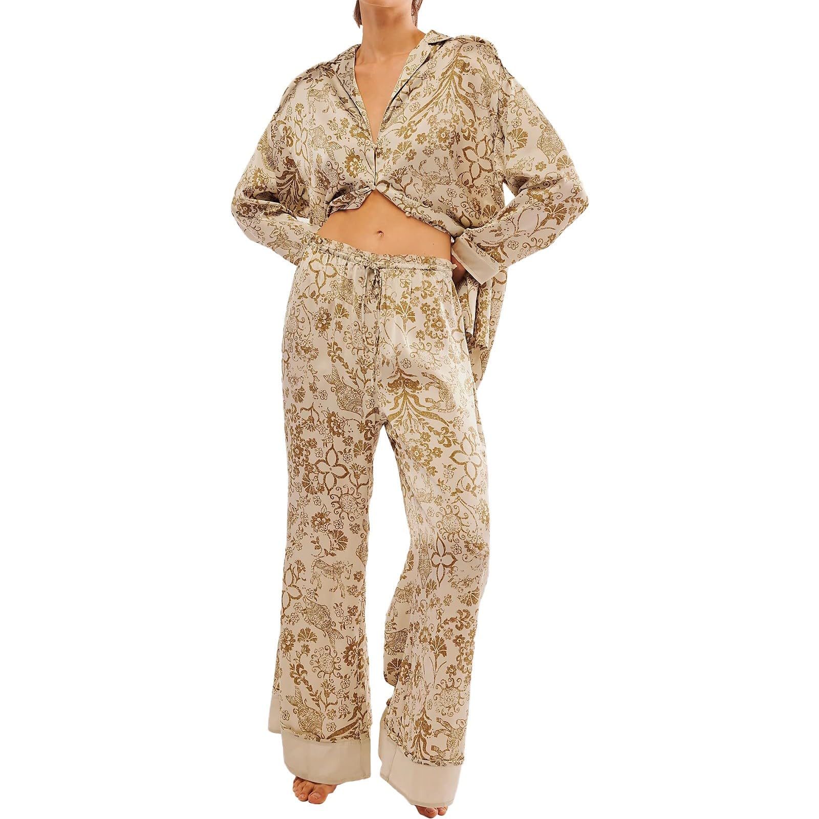 Générique Pantaloni Pigiama Stampati Donna Raso Pigiama Donna Seta Manica Lunga 2026 Nuovo Set con Motivo Loungewear Casual Ampia Biancheria Da Notte Sottile Leggero Pantaloni Fluidi T-shirt
