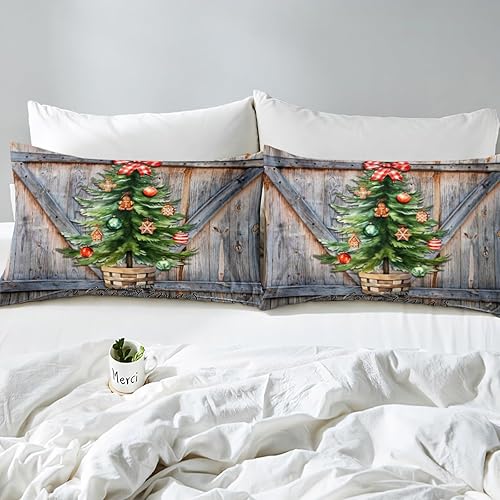 Miniatura 5 de Manfei Juego de funda de edredón para niños con árboles de Navidad, tamaño King, juego de ropa de cama rústica con puerta de madera estilo granero,