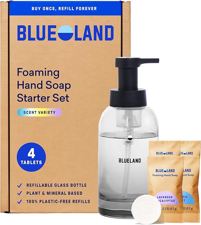 BLUELAND Hand Soap Duo, 2 Refillable Glass Foaming Hand Soap Dispensers with 8 Refill Tablets, Variety Scents, 8 x 9 Fl oz