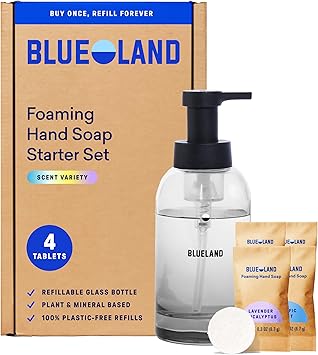 BLUELAND Hand Soap Starter Set, 1 Refillable Glass Foaming Hand Soap Dispenser in Slate with 4 Refill Tablets, Variety Scents, 4 x 9 Fl oz