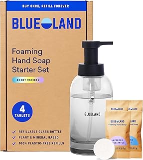 BLUELAND Hand Soap Starter Set, 1 Refillable Glass Foaming Hand Soap Dispenser in Slate with 4 Refill Tablets, Variety Scents, 4 x 9 Fl oz