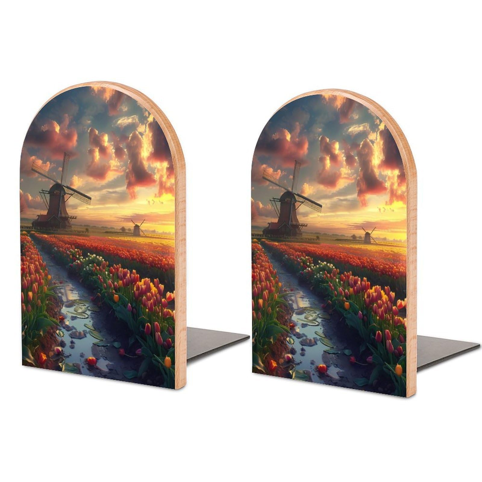 Vibrant Tulips Field with Dutch Windmills Book Ends Wood Non-Slip Books Stand Book Holders Book Stopper Organizer for Shelves Home Office