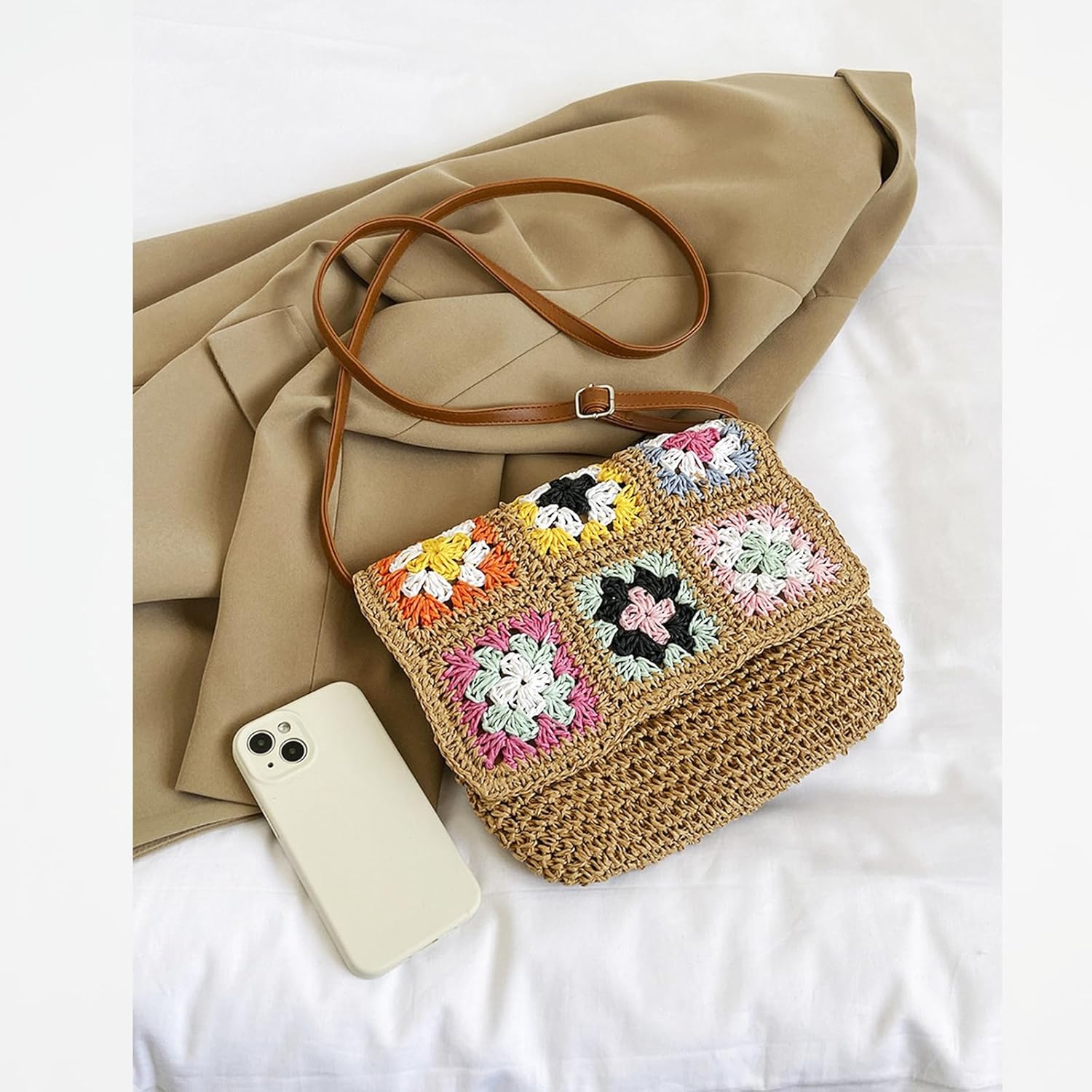 Straw Bag, Summer Beach Bag for Women, Hand-Woven Hand Bag, Colorful Embroider Flower Style Retro Rattan Bag Shoulder Bag Crossbody Bag for Vacation Travel, Daily