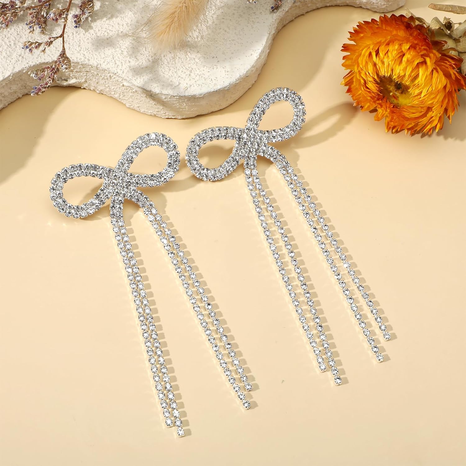 Silver Rhinestone Bow Earrings, Rhinestone Long Tassel Earrings, Ribbon Waterfall Dangling Earrings, Sparkly Elegant Bowknot Crystal Jewelry, Prom Wedding Party Gifts for Women - Image 7