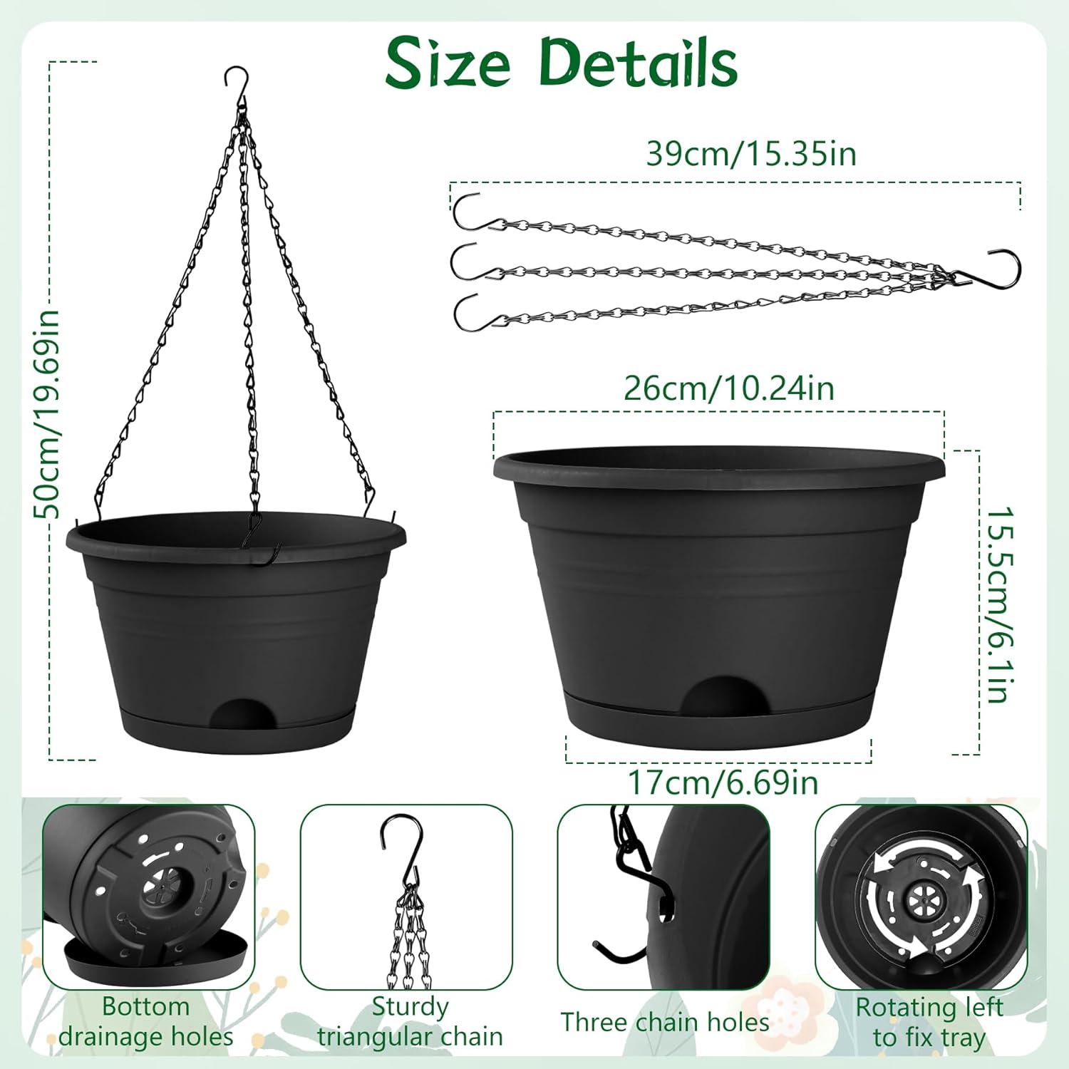 6 Pack Hanging Planters, 10 Inch Plant Pot with Hanger Chain & Drainage Trays, Hanging Baskets for Plants Outdoor Indoor, Hanging Flowers, Vegetables, Herbs (Black-6 Pack, 10 inch)