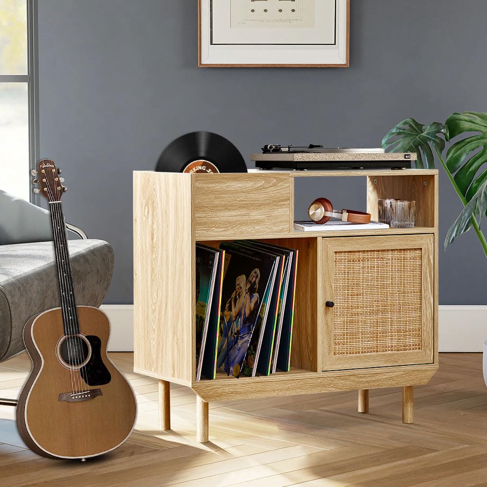 Armoire de rangement vintage en bois et rotin tissé – Organisateur de disques avec portes tissées à la main, pieds d’armoire en bois massif, étagère polyvalente pour disques, livres, fournitures de