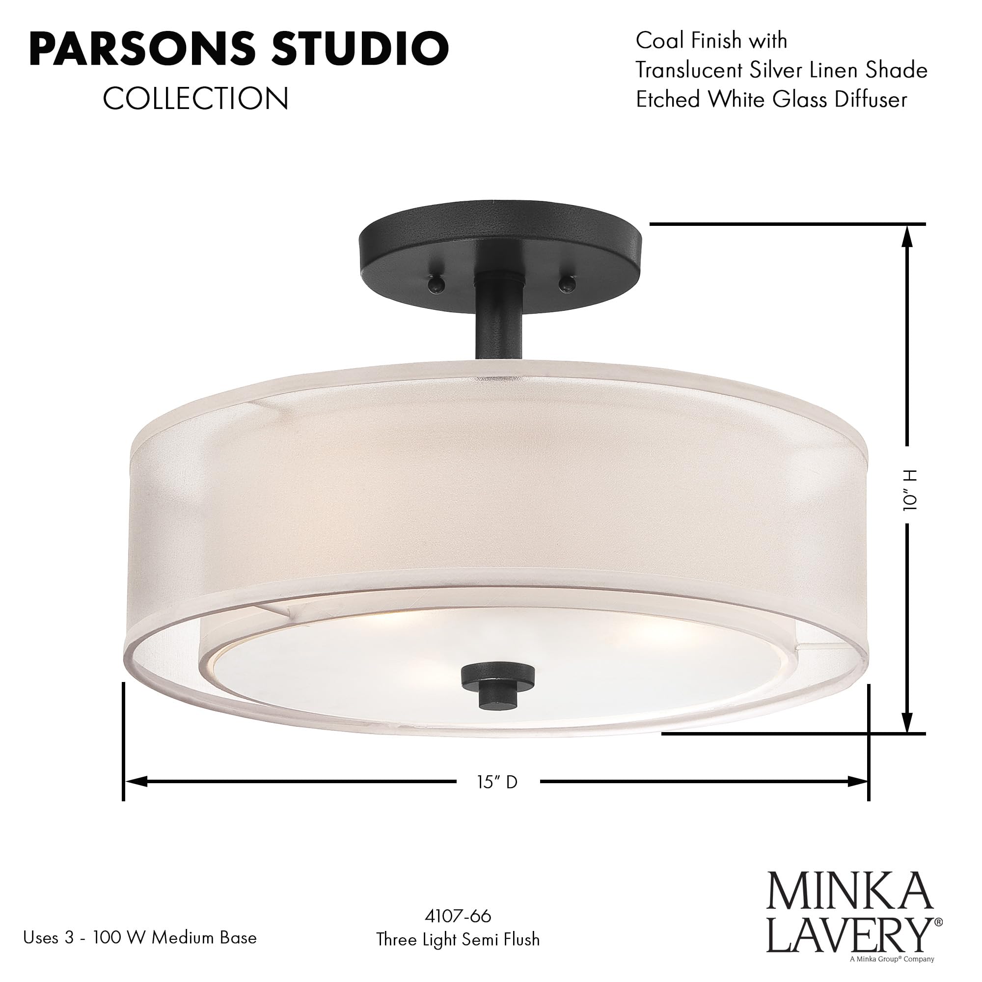 Minka Lavery 4107-66 Parsons Studio Semi-Flush, 3-Light, 180 Total