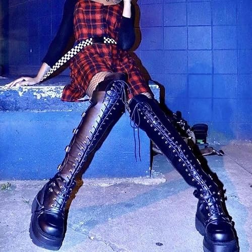 Gothniero Black Platform Boots Over Knee Thigh High Goth Boots For Women Chunky Heel Rave Motorcycle Boots With Buckles Side Zip Lace Boots Size5.5-10 thumb #1