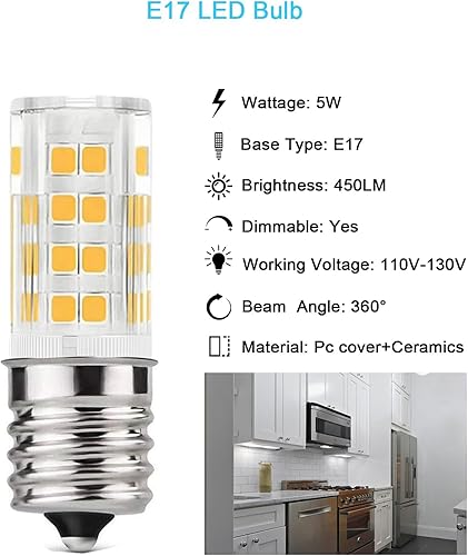 Miniatura 2 de Bombillas LED E17 de 3000 K, regulables, 5 W. Reemplaza bombillas incandescentes de 40 W. Compatible con microondas Whirlpool, Maytag, GE, LG