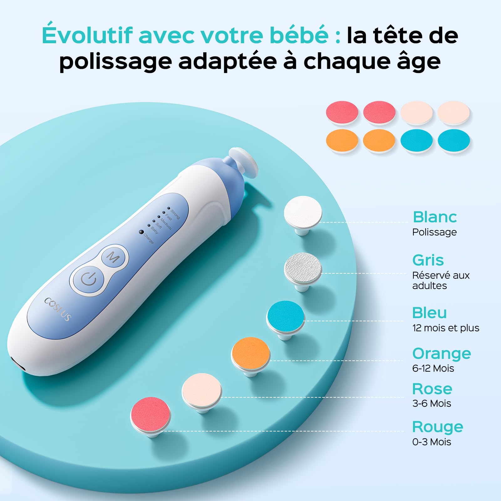 COSLUS Lime à Ongles Électrique Bébé : Lime à Ongles Électrique Bébé set Manucure Pedicure 6 Têtes de Ponçage, 5 Modes, Lumière LED, Pour Nouveau-nés, Soin des Ongles en Sécurité, C52 Bleu Foncé