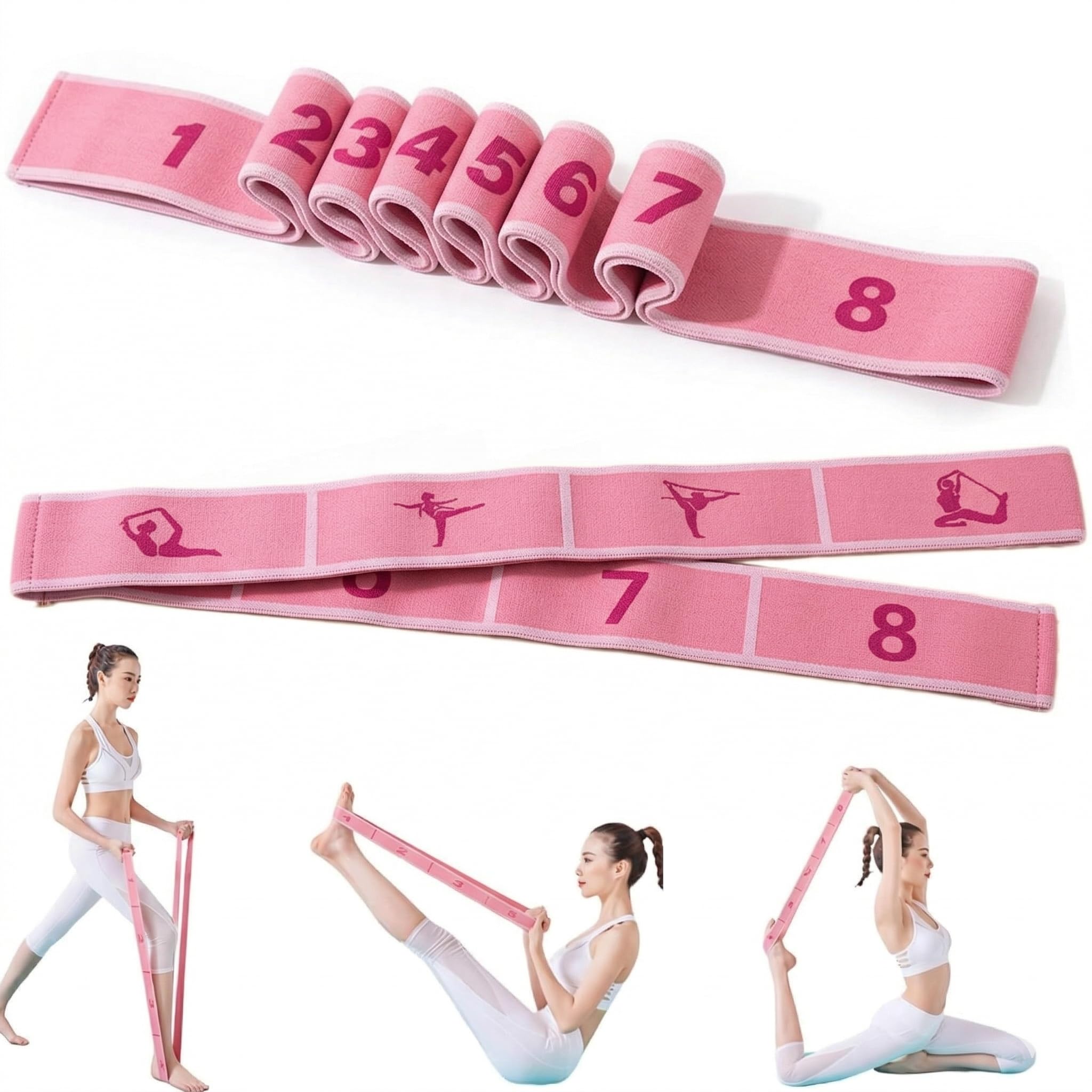 Resistance Band for All People 8 Loops Stretching Strap with Printed Positions, (90 * 4 Cm) Pilates Band, Pedal Resistance Band with Handle, Yoga Belt, Yoga Straps for Stretching (Pink)-image-34