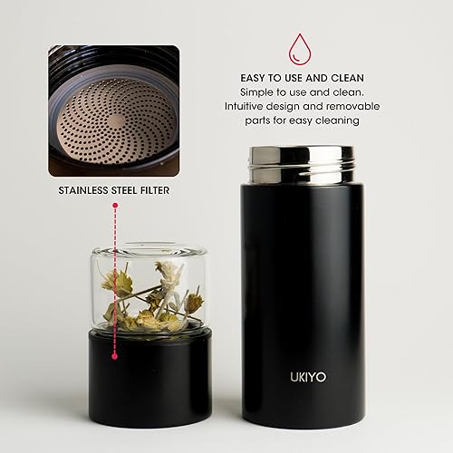Miniatura 4 de Ukiyo Steel - Botella infusora de té y frutas de acero inoxidable y vidrio de alta calidad, vaso de viaje con filtro de acero inoxidable