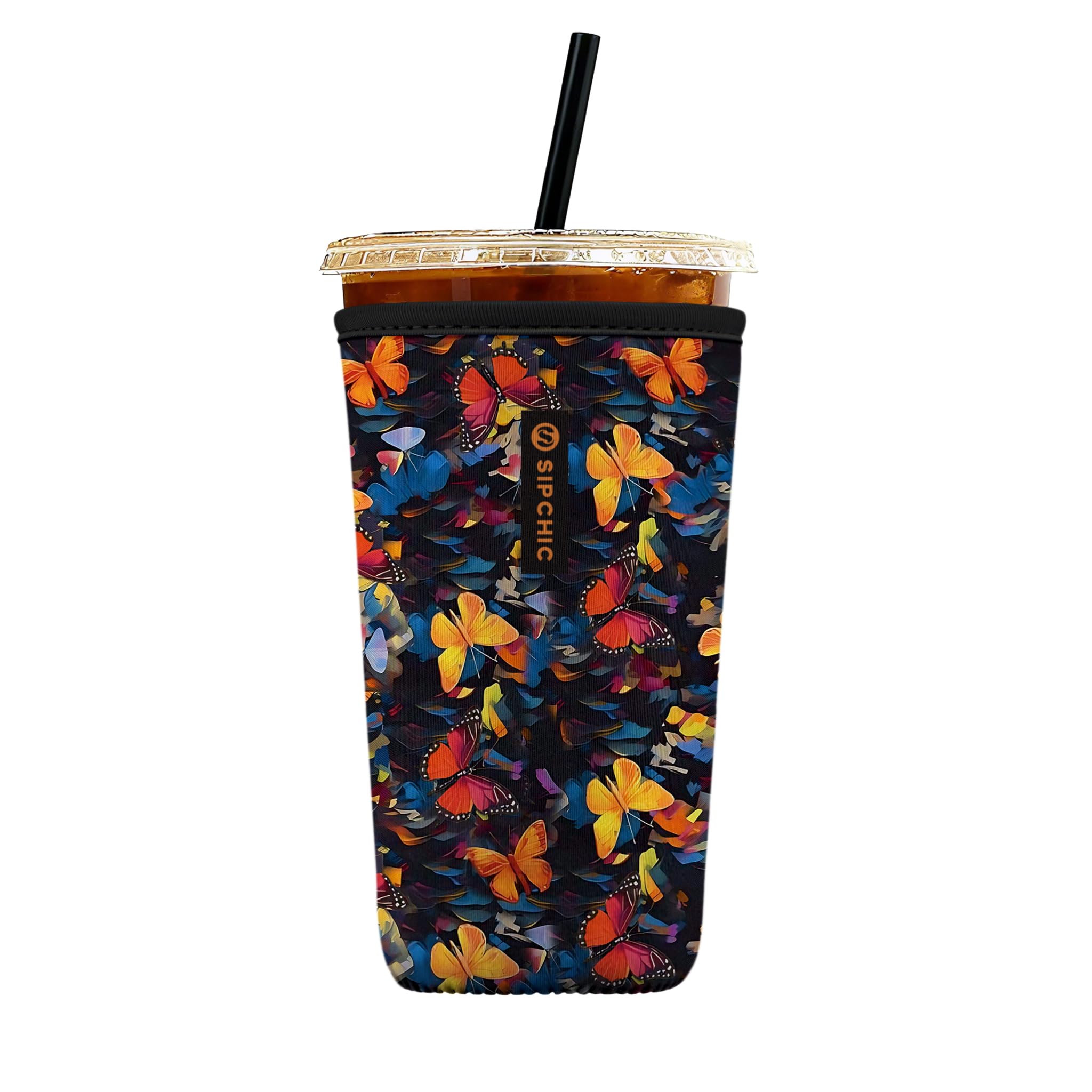 Iced Coffee Sleeve – Neoprene Reusable Cup Sleeves for Drinks, Insulated Drink Sleeves to Keep Hands Dry &amp; Drinks Cold, Stylish &amp; Durable Coffee Sleeves (Dizzy Butterfly, Large: 30-32oz)