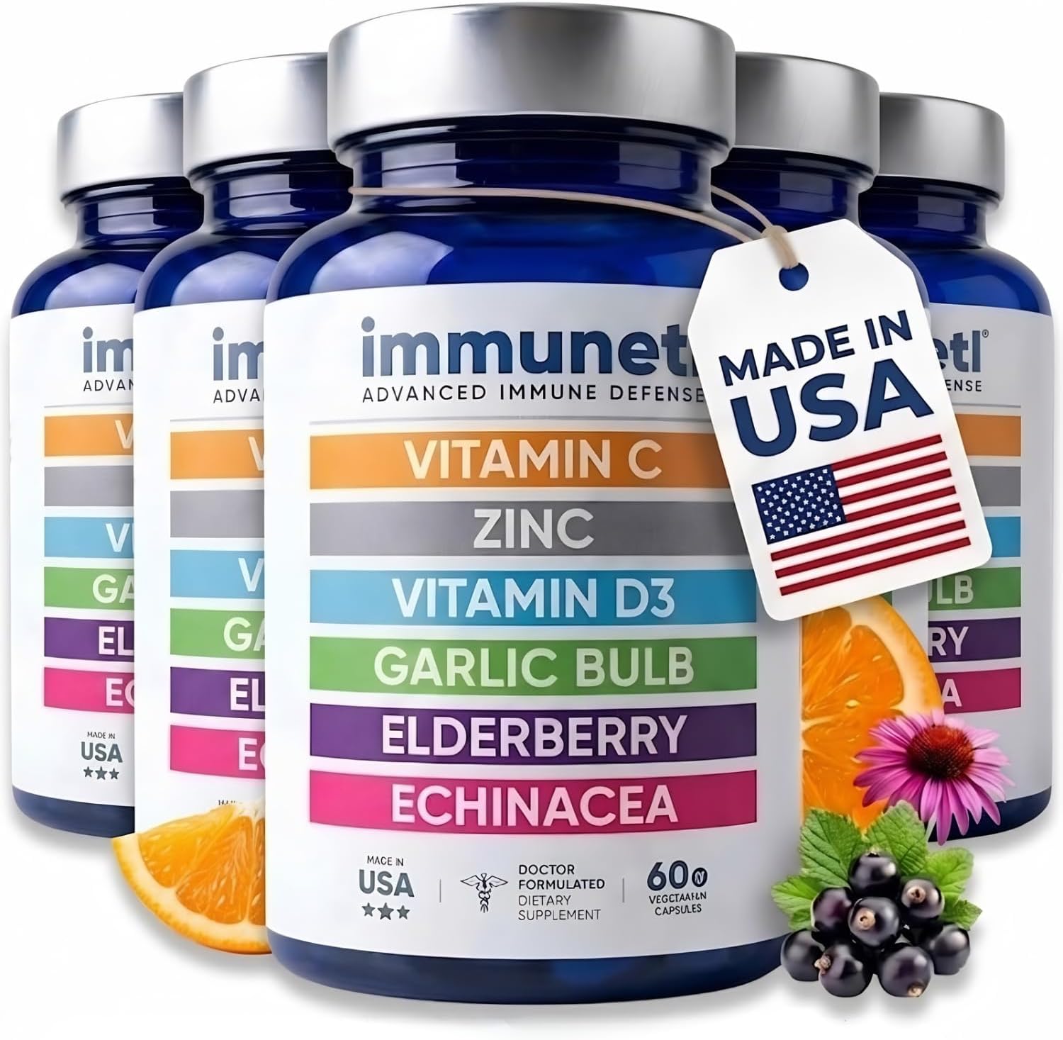 Immuneti - Advanced Immune Defense, 6-in-1 Powerful Blend of Vitamin C, Vitamin D3, Zinc, Elderberries, Garlic Bulb, Echinacea - Supports Overall Health, Provides Vital Nutrients & Antioxidants