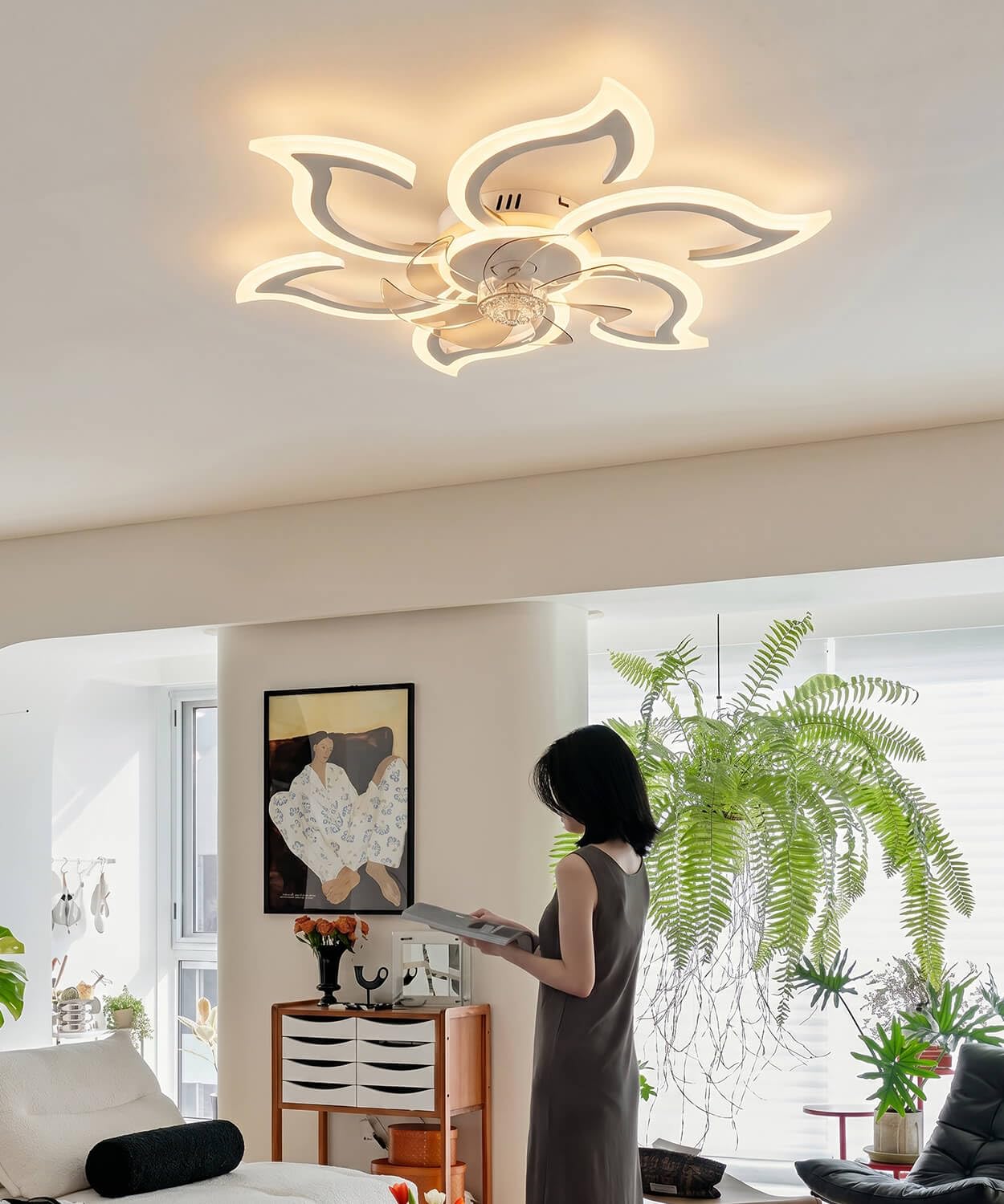 LJX Lampara Ventilador Silencioso Compatible con Alexa 88cm Flor Ventilador de Techo con Luz y Mando a Distancia 2.4GHZ Wifi Temporizador Regulable para Dormitorio Salón, Blanco