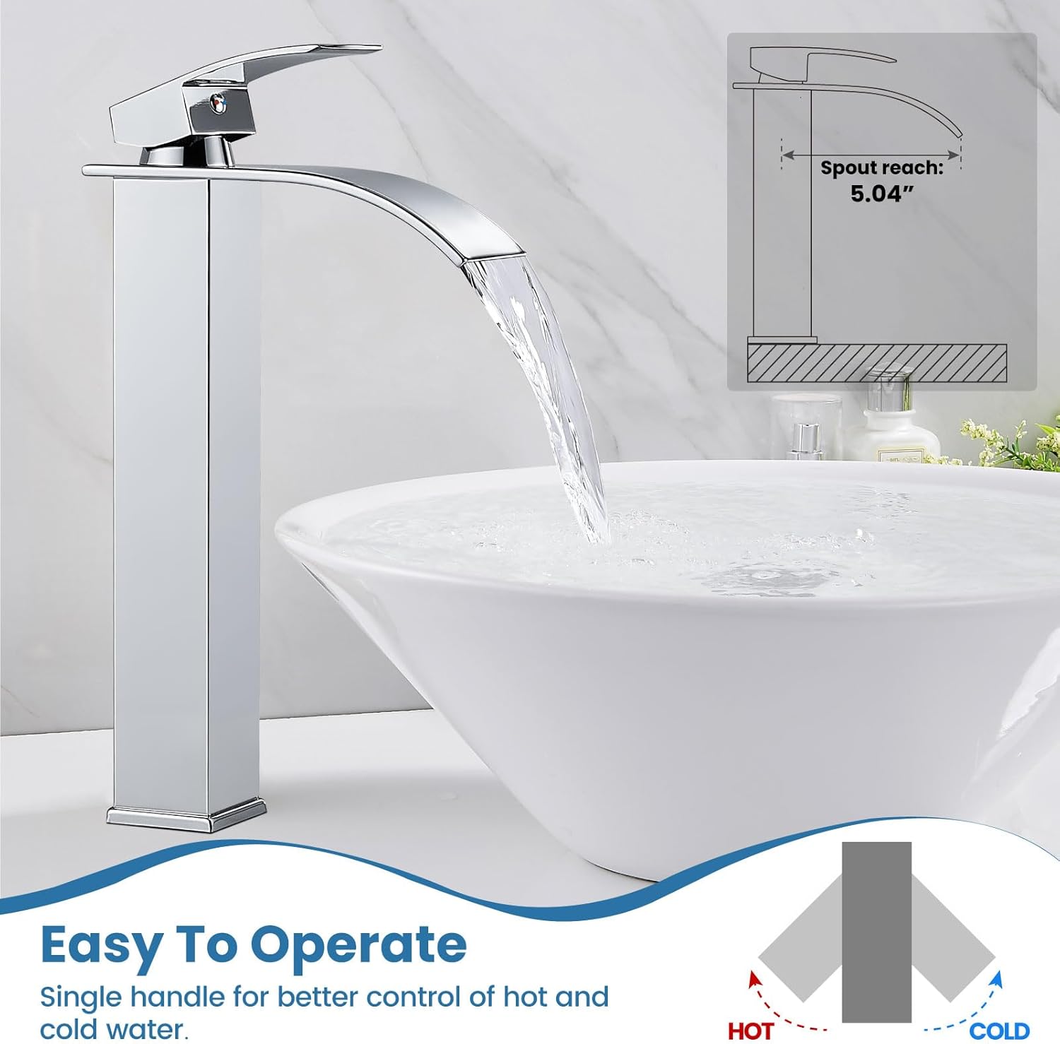 Airuida Tall Bathroom Vessel Faucet Chrome Polish Waterfall Bathroom Single Handle Single Hole Deck Mount Bowl Mixer Tap with Large Waterfall Spout Bar Sink Faucet Lavatory Vanity - Image 3