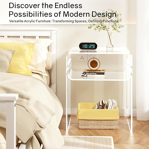 Miniatura 6 de Joogto Mesa auxiliar acrílica, mesa auxiliar de acrílico transparente de 2 niveles con soporte de acero inoxidable, mesita de noche acrílica junto a