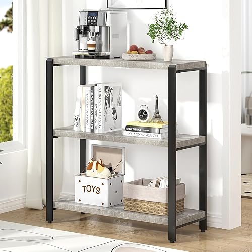 Vista 64 de FOLUBAN Estantería de 3 niveles, estantería industrial y estantes para libros, para dormitorio, madera rústica y metal, para oficina, roble