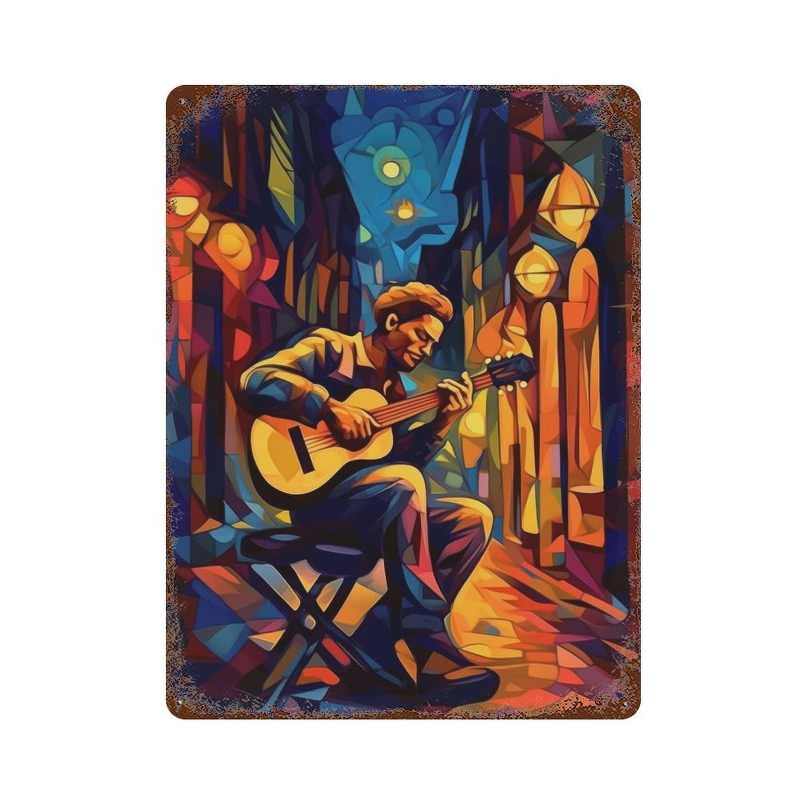 Street Musician Guitarist 15.7"x11.8" Rust Effect Tin Sign, Industrial Home Decor for Living Room, Hallway And Home Decor