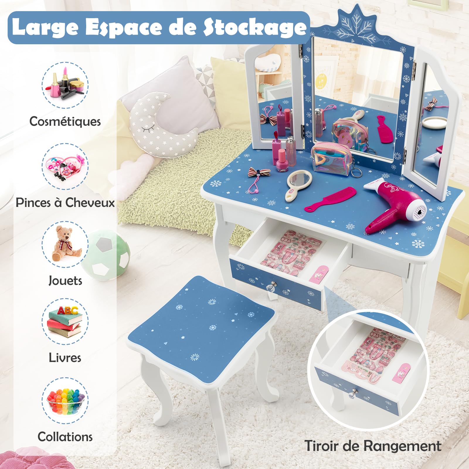 Coiffeuse Enfant Dreamade Avec Tabouret - Miroir Triptyque Amovible - 3 Ans+ - Charge 50kg - Zèbre