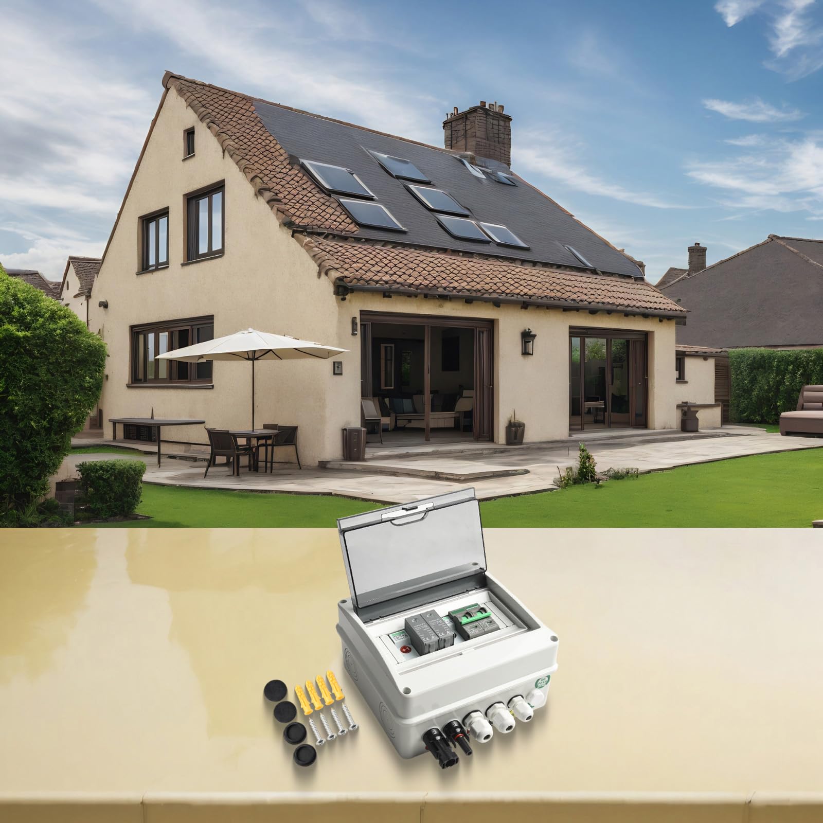 Scatola di Combinazione Solare Fotovoltaica 1 Ingresso 1 Uscita 550V IP65 Impermeabile con MCB DC 2P 550V, SPD DC 2P 600V e Fusibili DC 1000V 15A, Montaggio su Tetto per Pannelli solari
