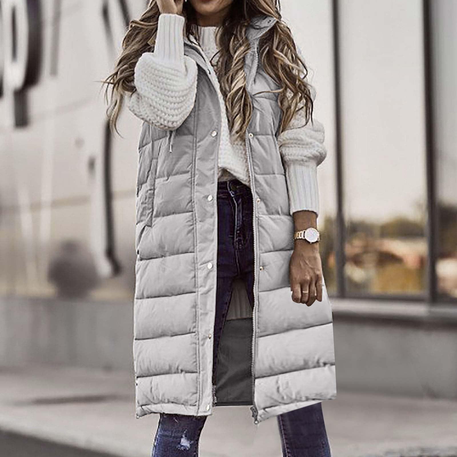 HAOLEI Chaleco Largo para Mujer de Capucha con Cremallera Ligero Chaleco Acolchado de Plumas Abrigada y Gruesa Chaqueta de Invierno Sin Mangas Cómoda Abrigo de Cálidos con Bolsillos Casual Outwear