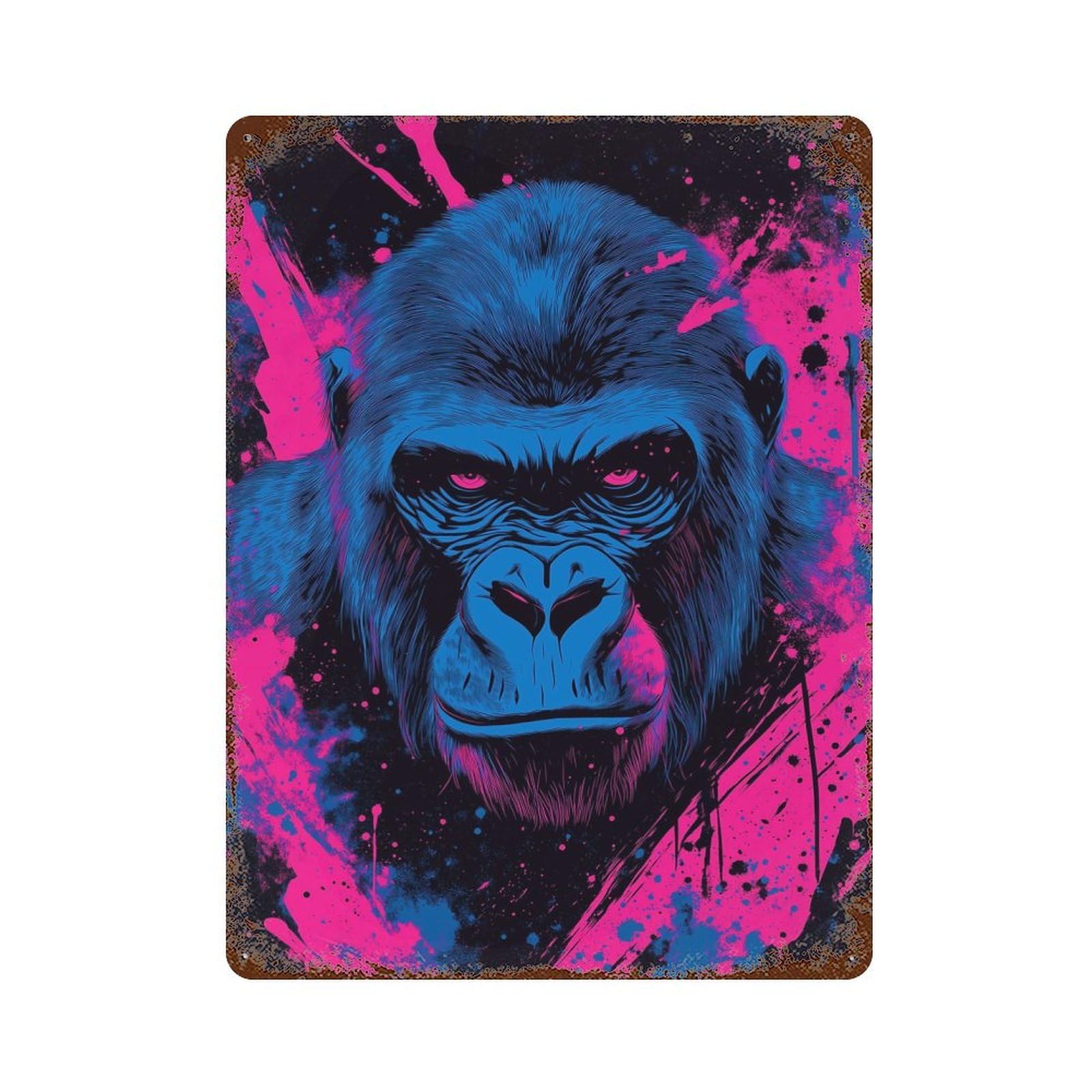 Blue Gorilla with Pink Splatter Art Weathered Tin Sign 15.7"x11.8", Novelty Wall Decor for Garage, Pub Or Kitchen
