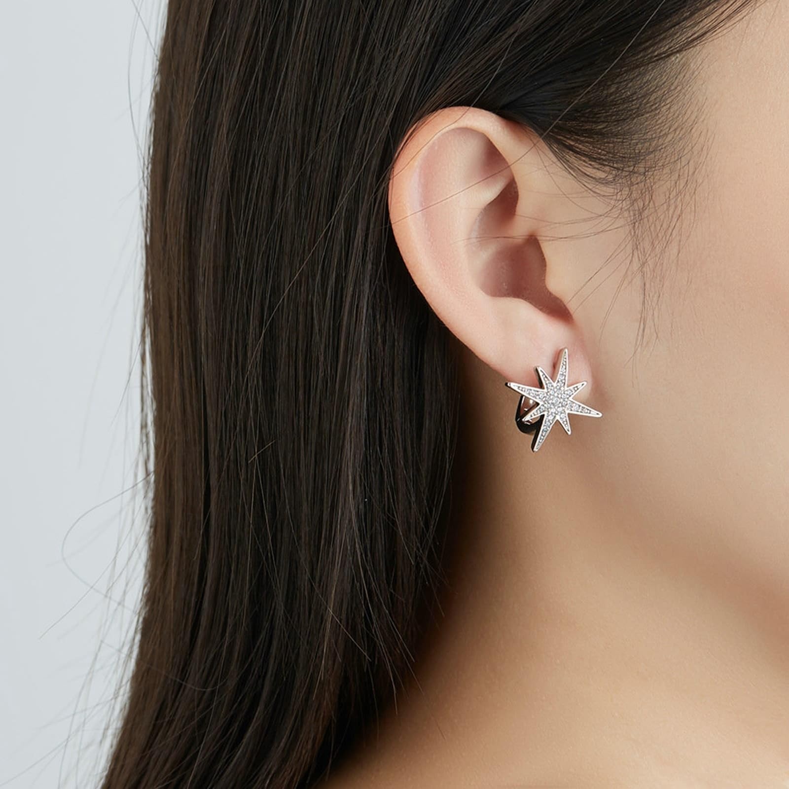 Pendientes de aro de oro blanco 18 K Au750 para mujer, diseño de estrella de diamante, oro 750