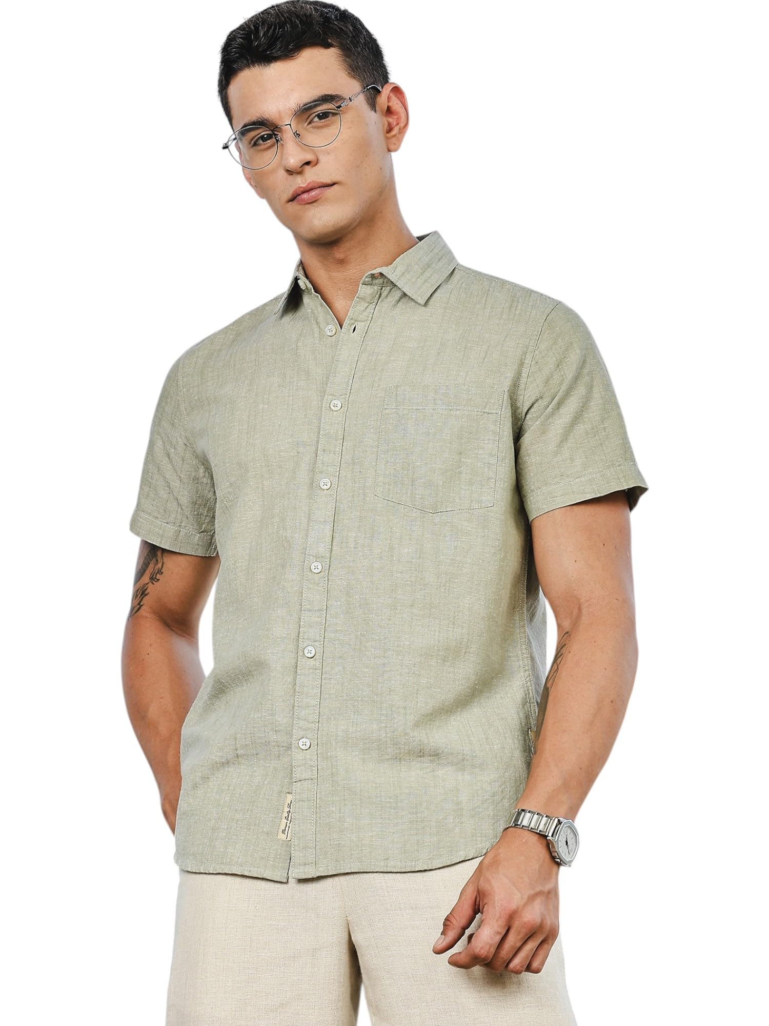 Thomas Scott Men's | Solid | Linen Blend | Slim Fit | Short Sleeve | Spread Collar | Casual |Shirts for Men