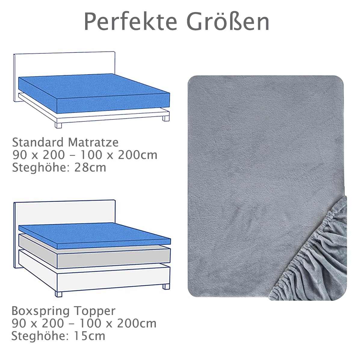 Soifox Jersey Warm Spannbettlaken 90x200cm bis 100x200cm 2er Pack Plüsch Fleece Samtweich Kuschelig Flauschig Cashmere Touch Bettlaken für Boxspringbett Topper Matratze Grau mit Gummizug