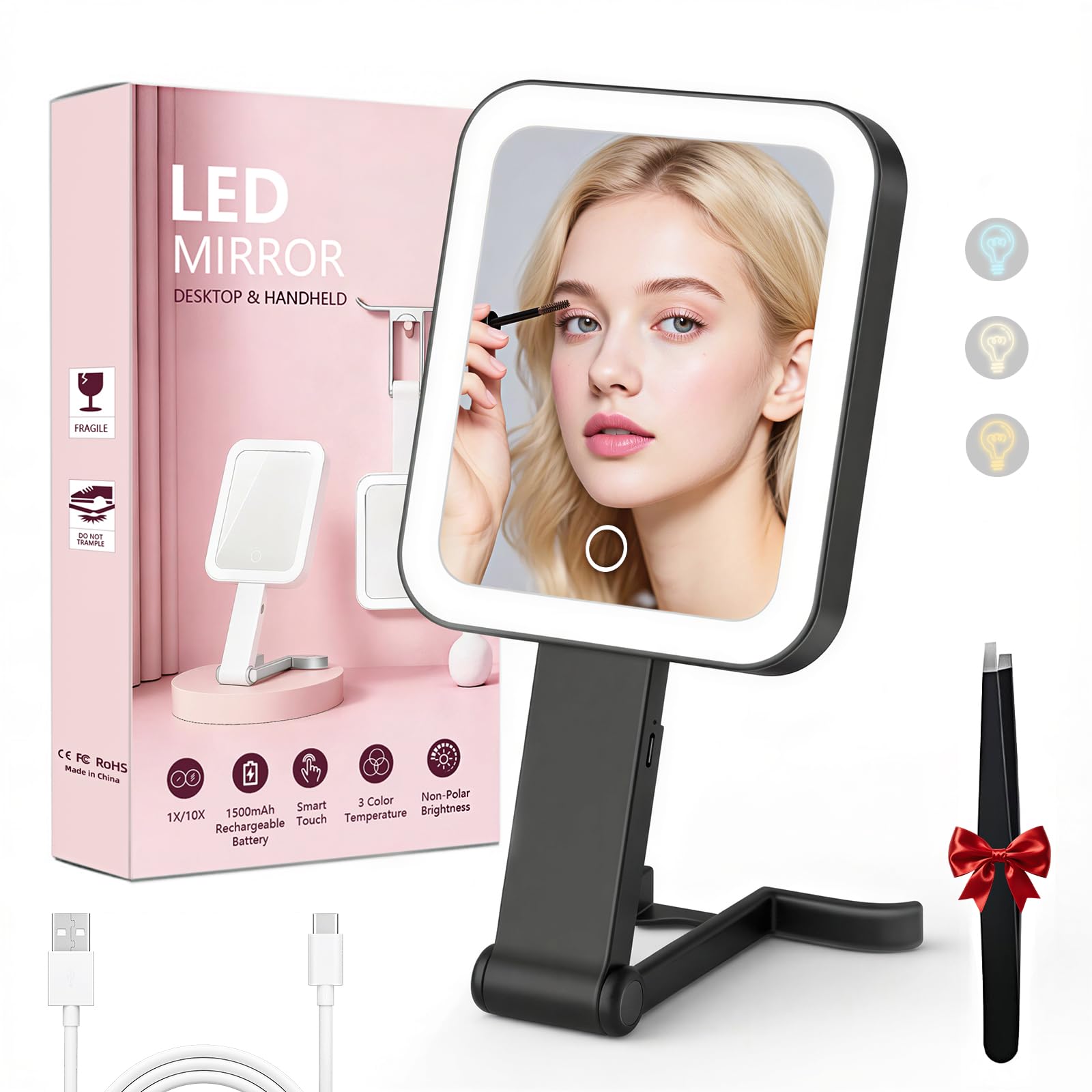 - Travel Makeup Mirror with Lights, 1500mAh Rechargeable, Double-Sided 10X/1X Magnification, 3 Color Lighting, Smart Touch Dimming, Precision Tweezers, Lighted Mirror for Desk, Trip, Home, Office, Black