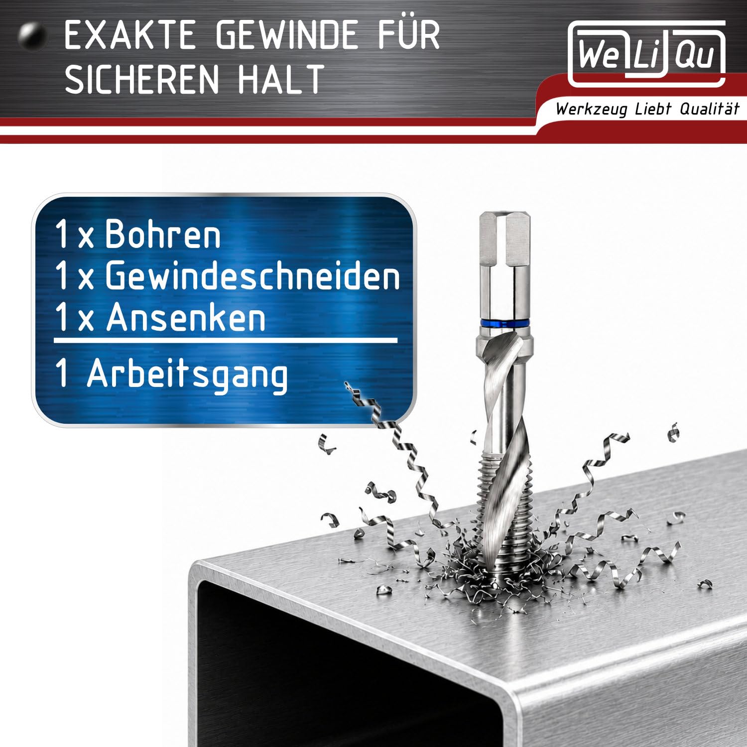 WeLiQu HSS-Co Step Point Kombi-Gewindebohrer Set 6-teilig M3 M4 M5 M6 M8 M10 - Bohrer, Gewindeschneider & Senker in Einem, für nahezu alle Werkstoffe, bis 2xD Materialstärke, ISO 2 (6H)