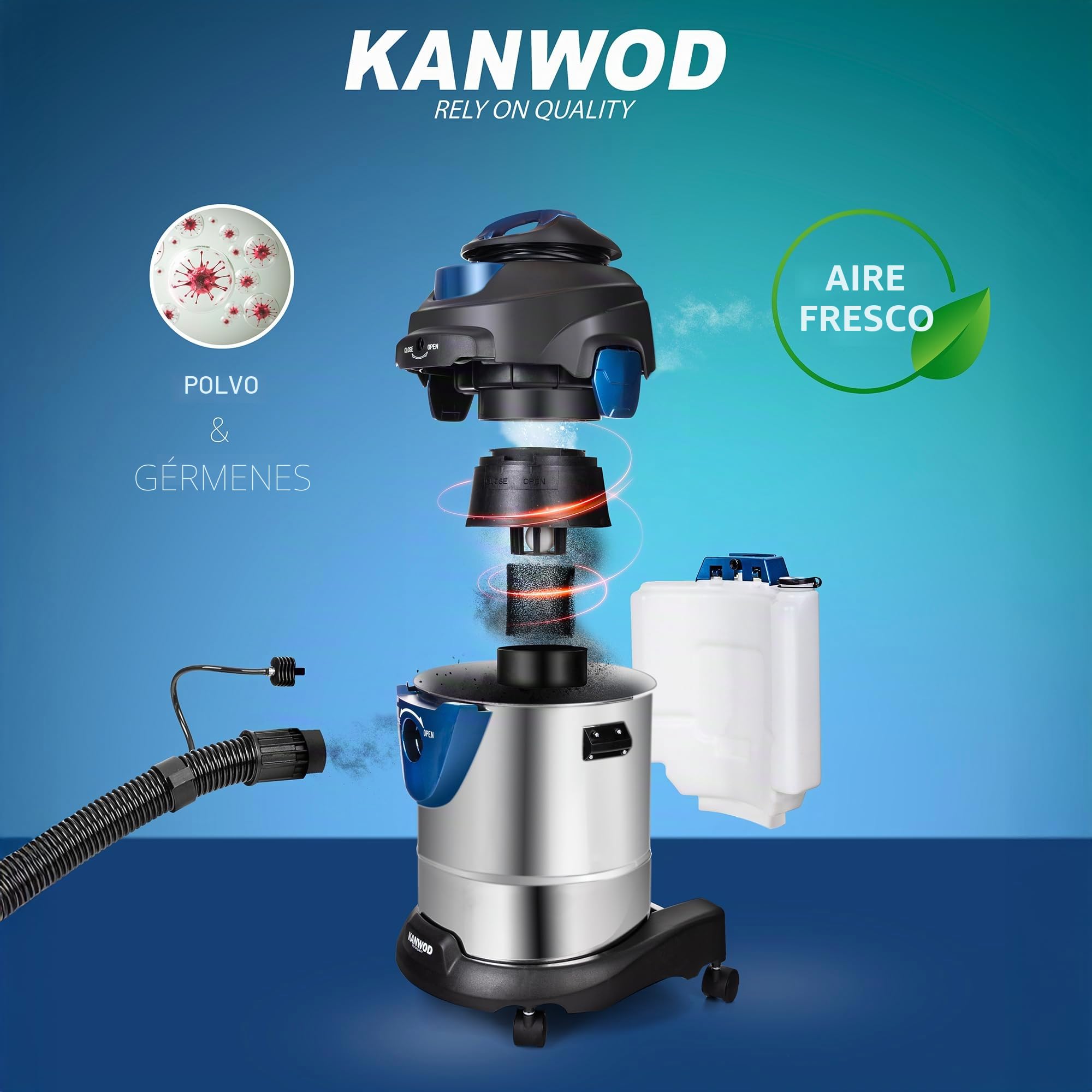 KANWOD Superwash Aspiradora Multifuncional sin Bolsa, 2000W, Aspiradora Seco y Humedo, Limpiador de Tapicerias y Función de Soplado, Depósito 20L, Triple Filtración, Filtro HEPA, Kit Accesorios