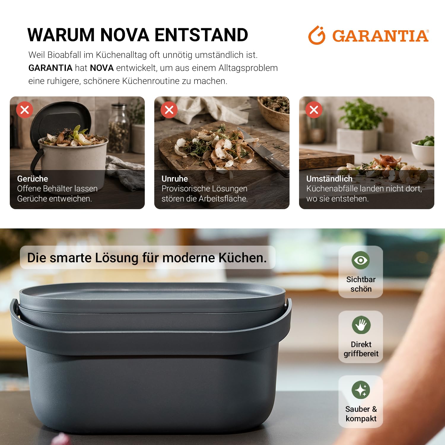Garantia NOVA Biomülleimer Küche 5L Graphite Grey - Geruchsdichter Komposteimer für Küchenabfälle - Kleiner Biomüll Behälter Spülmaschinenfest & Innensieb - Qualität aus Deutschland