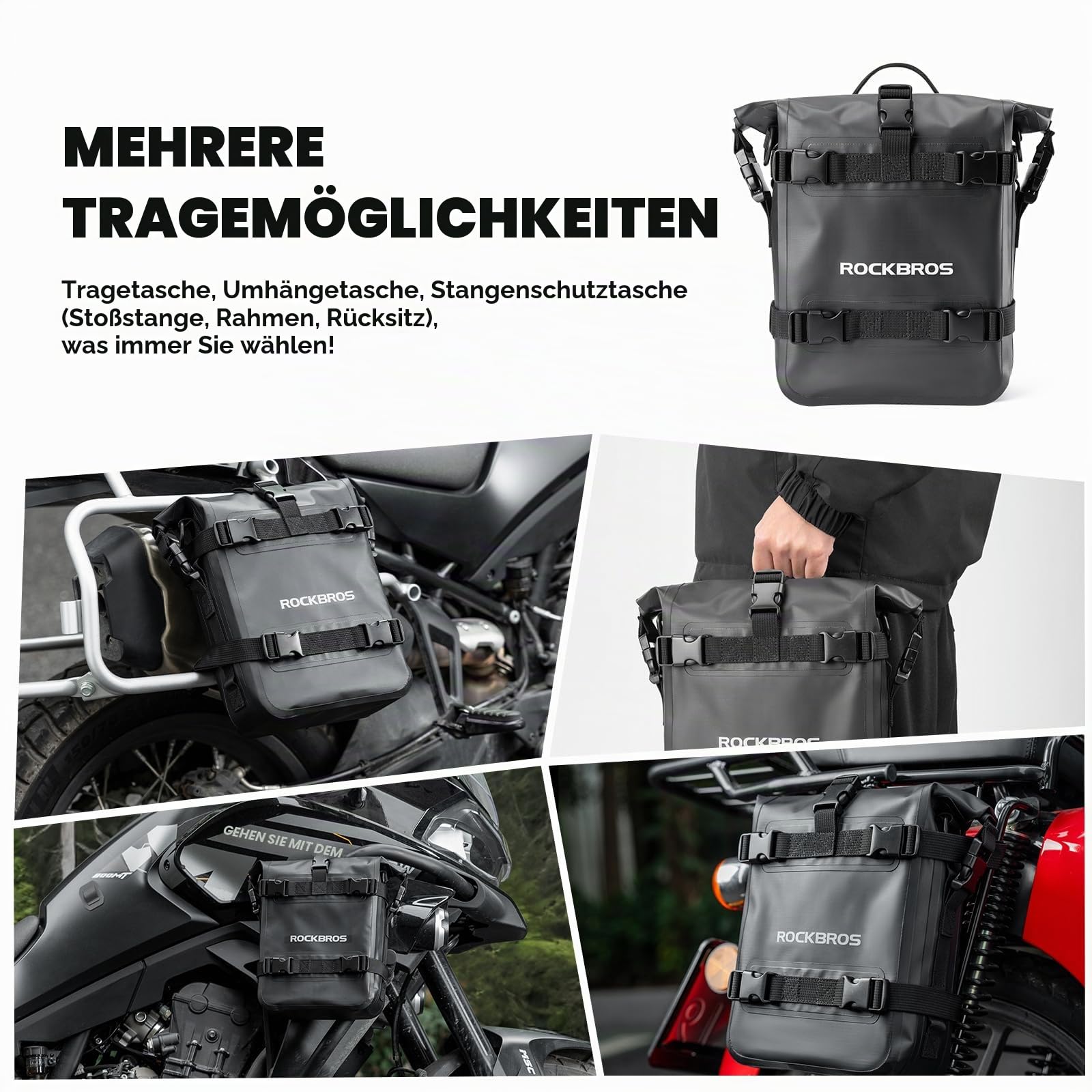 ROCKBROS Seitentasche Motorrad 100% Wasserdicht, 5L, mit Schultergurt