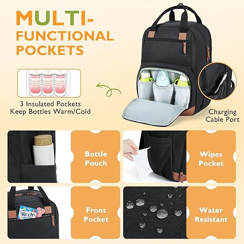 Miniatura 4 de mommore Mochila para pañales con cambiador, bolsas de pañales de viaje grandes, bolsa de bebé unisex con cambiador, correas para cochecito, negro
