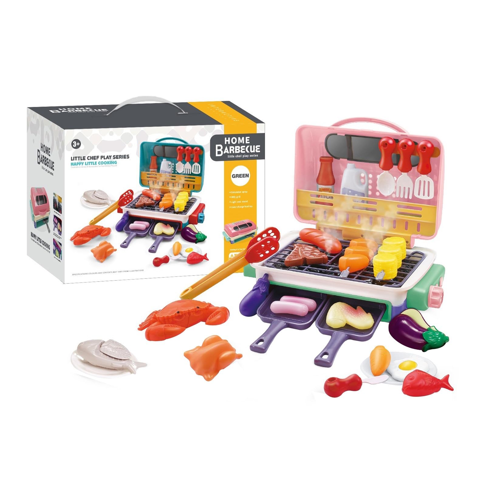 29-Piece Kids BBQ Grill Playset, Colour Changing Toy Food with Light & Sound, Safe Cold Mist Kitchen Accessories – Pretend Play Cooking Set, Outdoor Garden Toys for Boys & Girls Age 3+ (Pink)