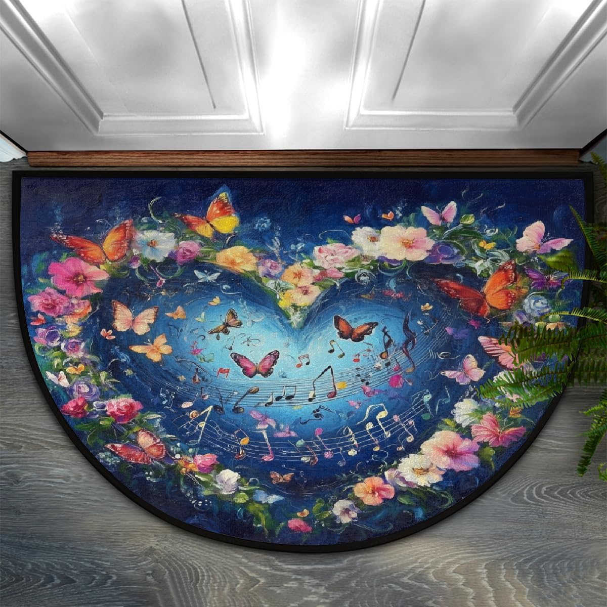 Heart-Shaped Musical Flowers Butterflies Half Round Door Mat Half Circle Area Rug Doormat Non-Slip Half Moon Rug for Indoor Outdoor Kitchen Home Decor Valentine
