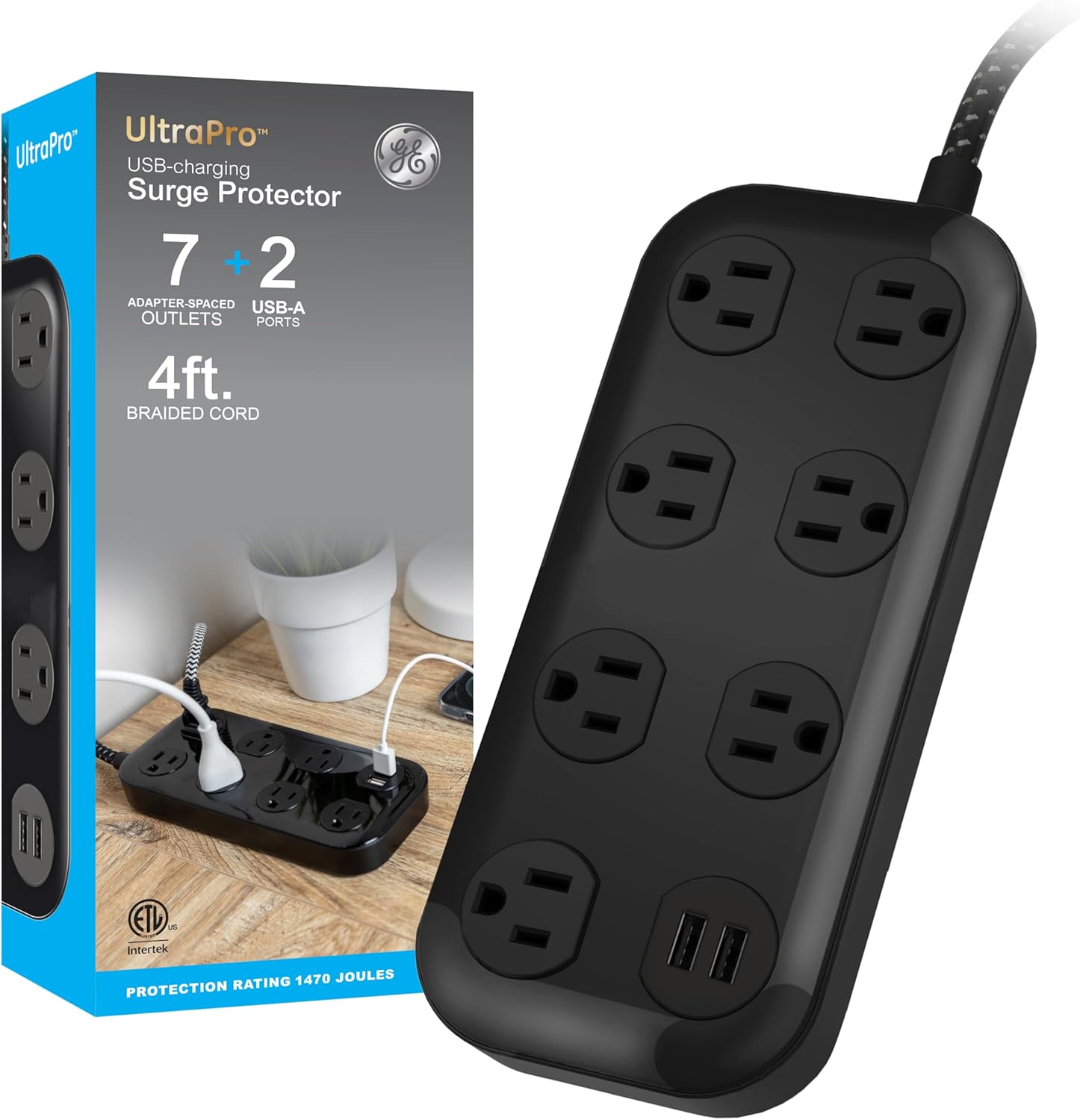 GE 7-Outlet Surge Protector Power Strip with USB, 2 USB-A, 4 Ft Braided Cord, Multi Plug Outlet Extender, Flat Plug, Charging Station, 2.4A, 1470 Joules, Black, 82593