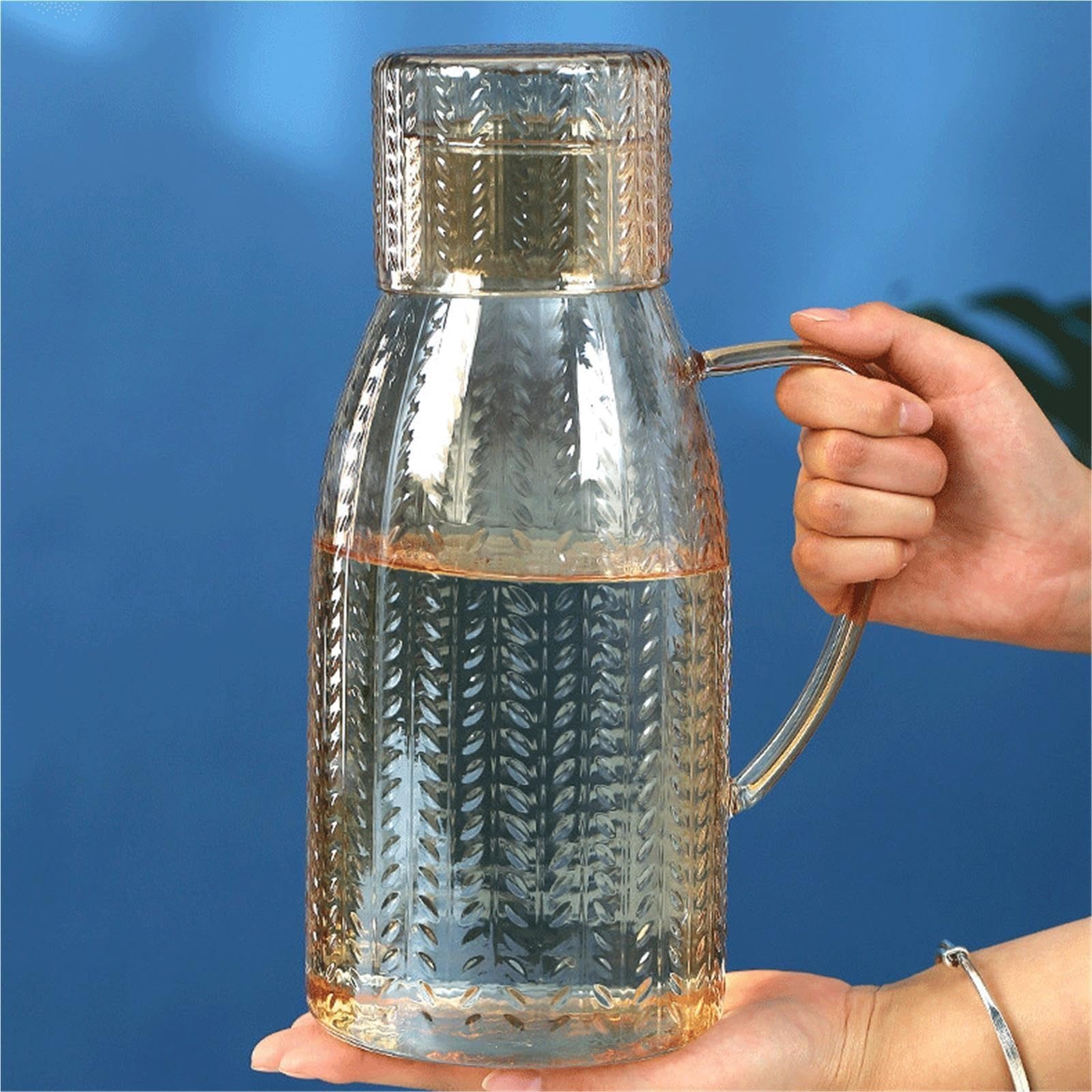 Krug mit Deckel Bernsteinfarbener Wasserkrug mit Weizenährenmuster Krug für Eistee