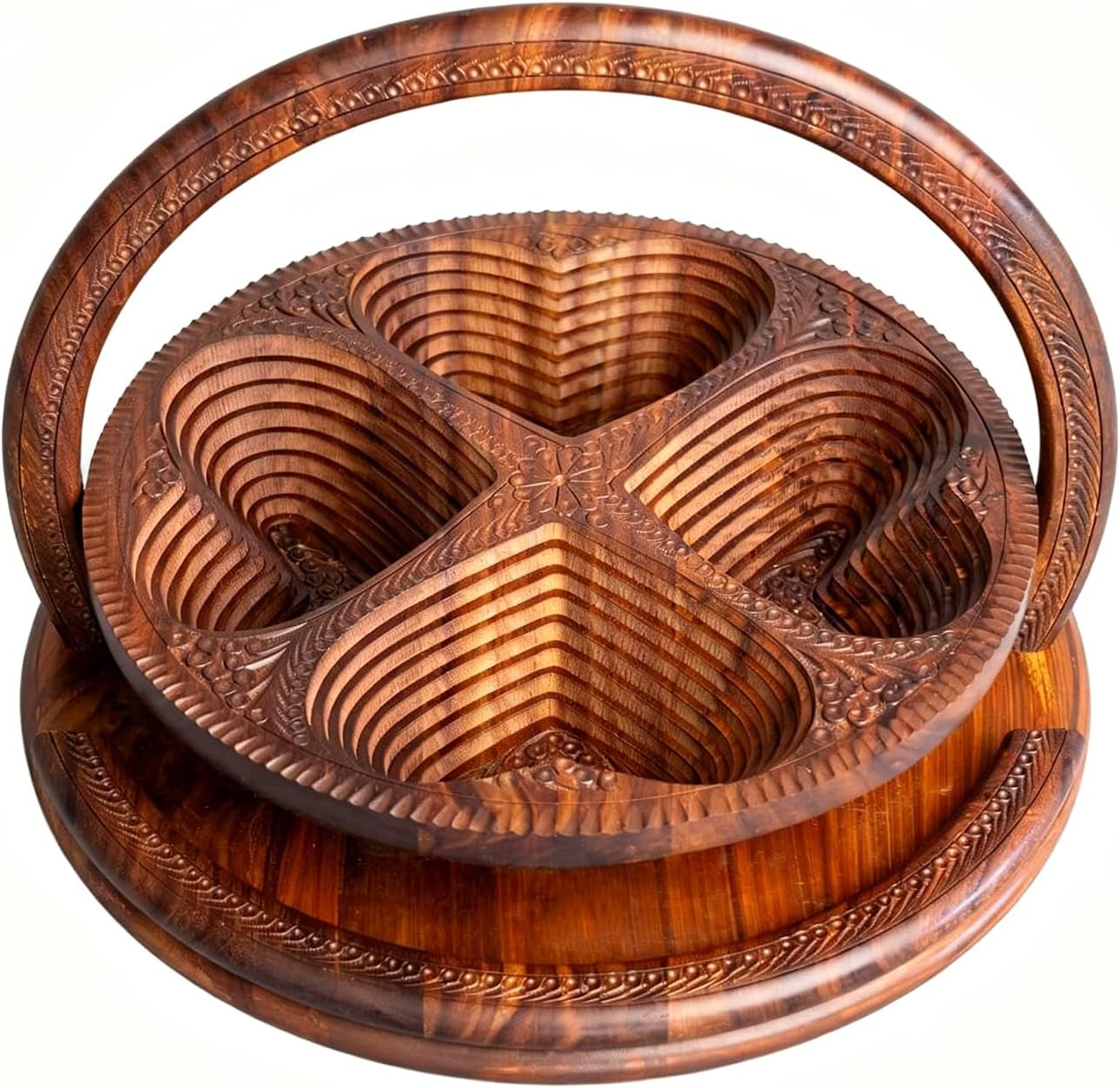 Handmade 12" Foldable Wooden Basket, Collapsible Fruit Basket Walnut Carving Fruit Plate for Fruit, Bread and Nuts, Kitchen Storage Serving (4 grids)
