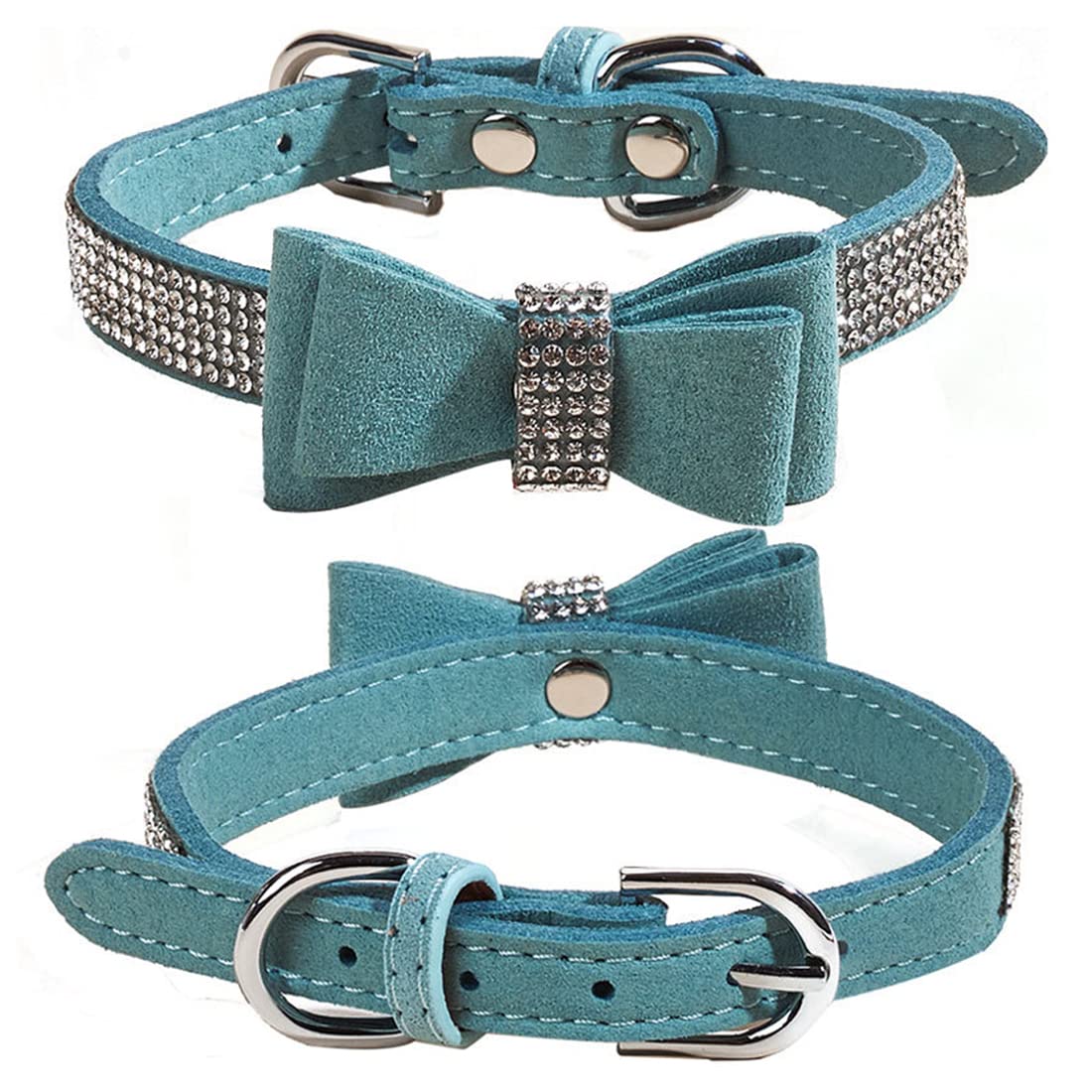 Hundehalsband Mit Strass Und Schleife – Verstellbar, Aus PU-Leder, Für Kleine & Mittlere Hunde (Blau, XS)