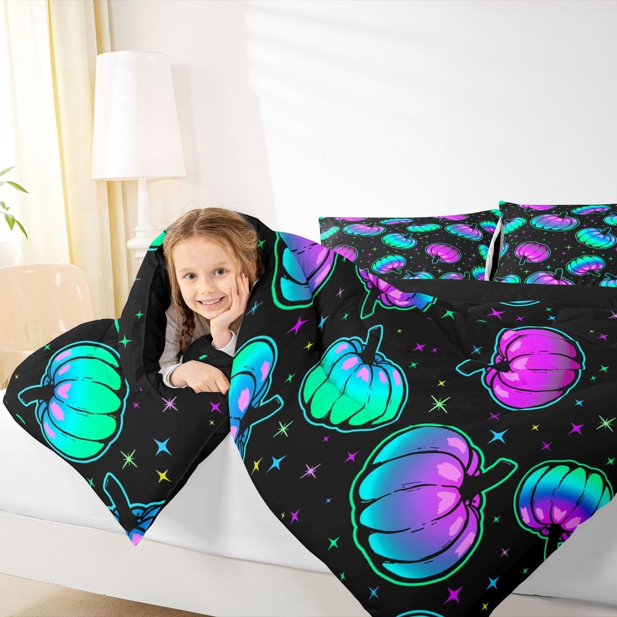 Erosebridal Pumpkin Lantern Bedding Set Blue Purple Gothic Queen Comforter Set,Rainbow Halloween Pumpkin Decorations Galaxy Quilt Starry Sky Stars Fall Decor Teal Thanksgiving Pumpkin Decor
