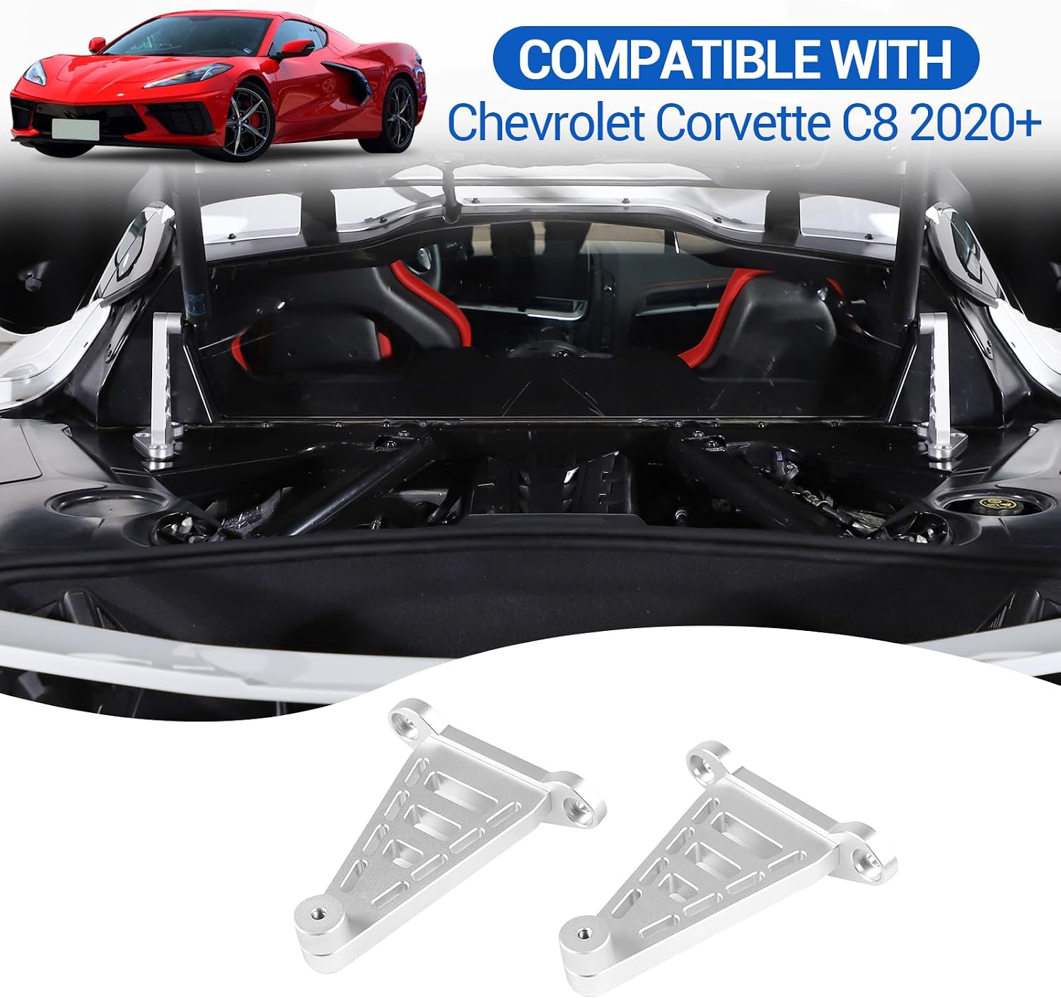 Engine Hinge Replacement Compatible with Chevrolet Corvette C8 2020-2026, Aluminum Rear Hood Lift Supports Shock Struts Base Replacement Kit 2Pcs (Silver)