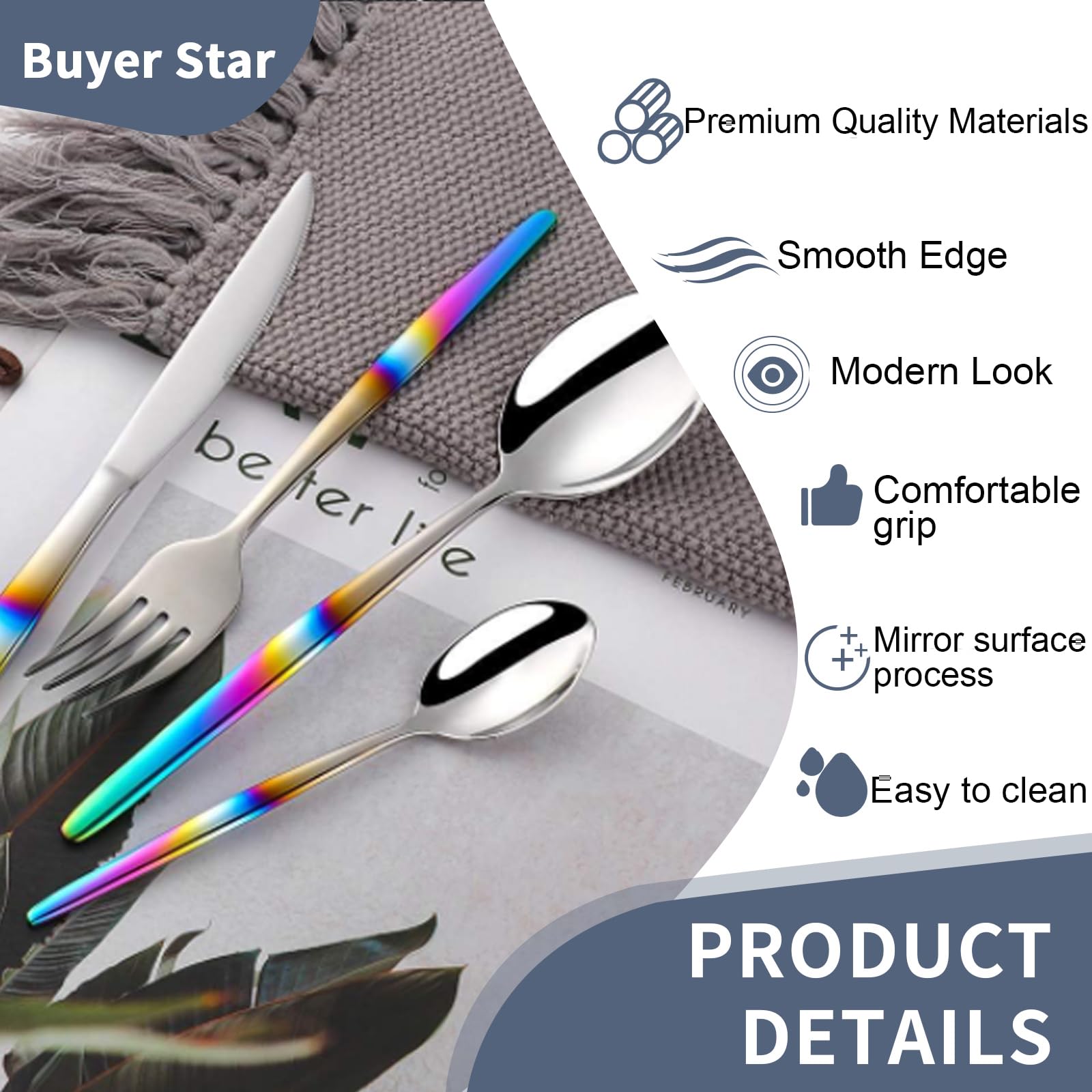Buyer Star 16-teiliges Regenbogen-Besteckset aus Edelstahl, schillernder Griff, Löffel, Messer und Gabel Sets für 4, elegantes Besteck-Set, Geschirr für den Alltag und spülmaschinenfest