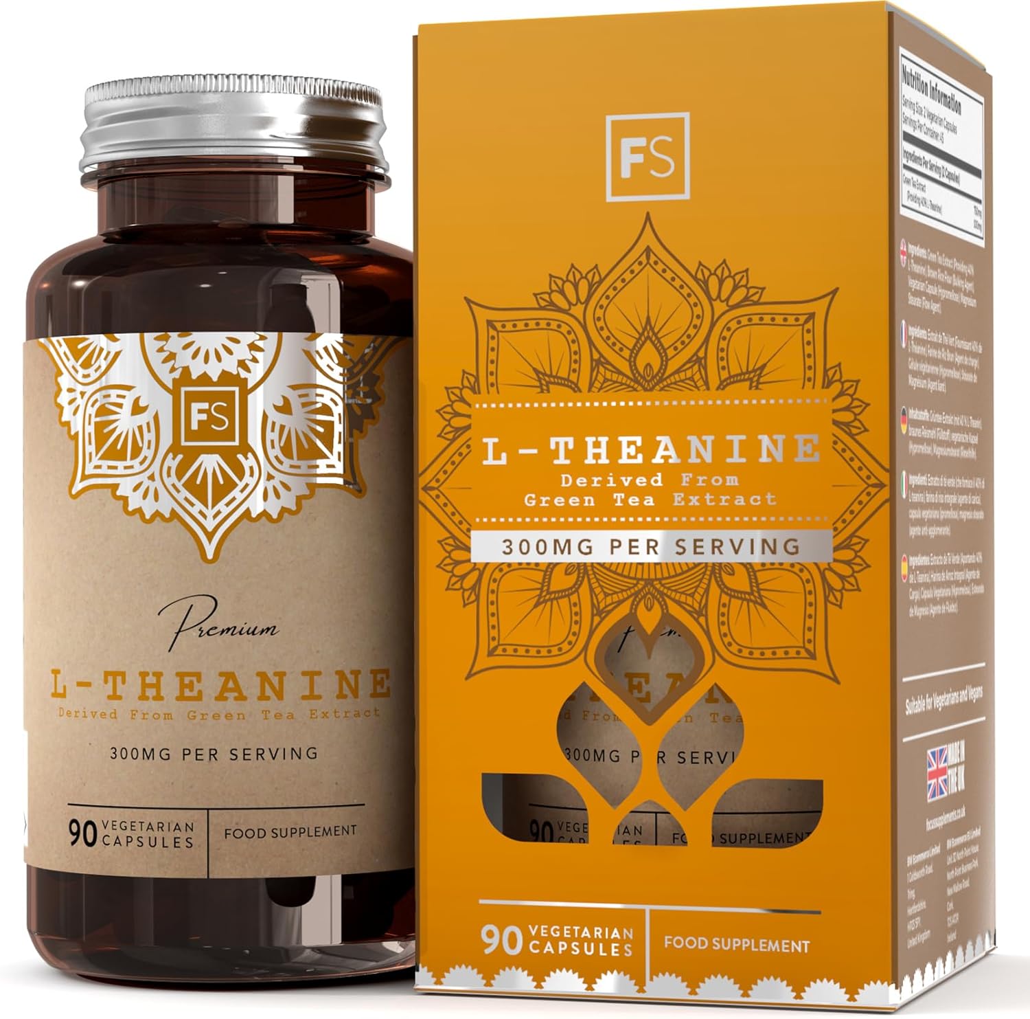 FS L Theanine | 90 L-Theanine Capsules from Green Tea – High Strength 750mg Green Tea Extract Providing 300mg L’theanine per Serving | L Theanine Supplement | Non-GMO Gluten Free | Made in UK